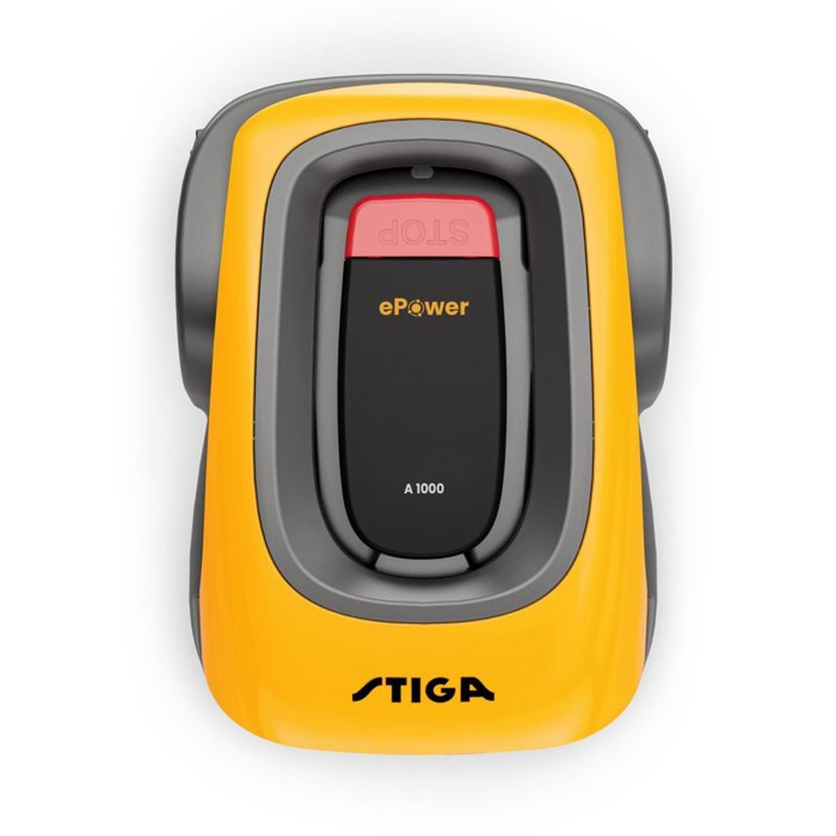 Un tosaerba robotizzato giallo e grigio con etichette 'STIGA', 'ePower' e 'A 1000'.
