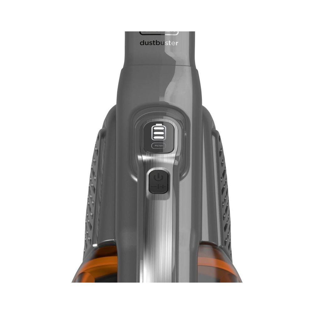 Szary odkurzacz ręczny ze wskaźnikiem baterii i przyciskiem filtra.