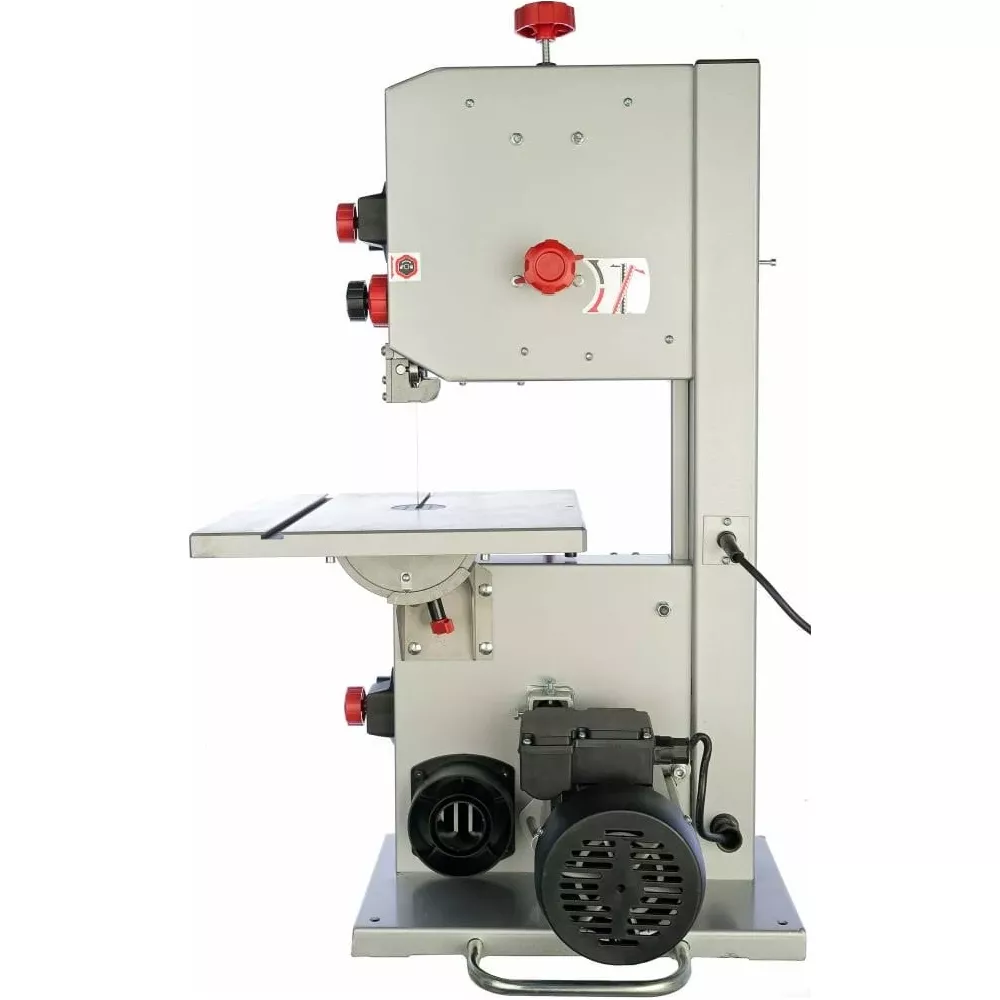 A metal bandsaw with a red knob on top and a side motor.