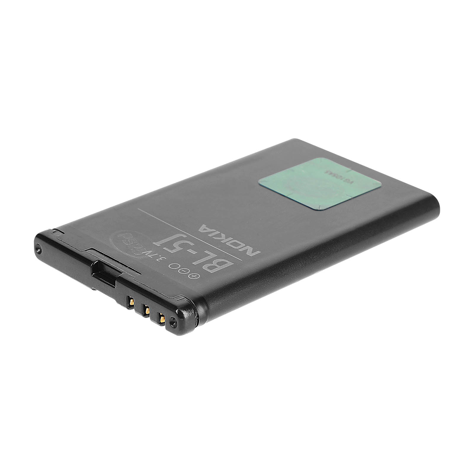Batteria Nokia BL-5J nera con adesivo verde e contatti.