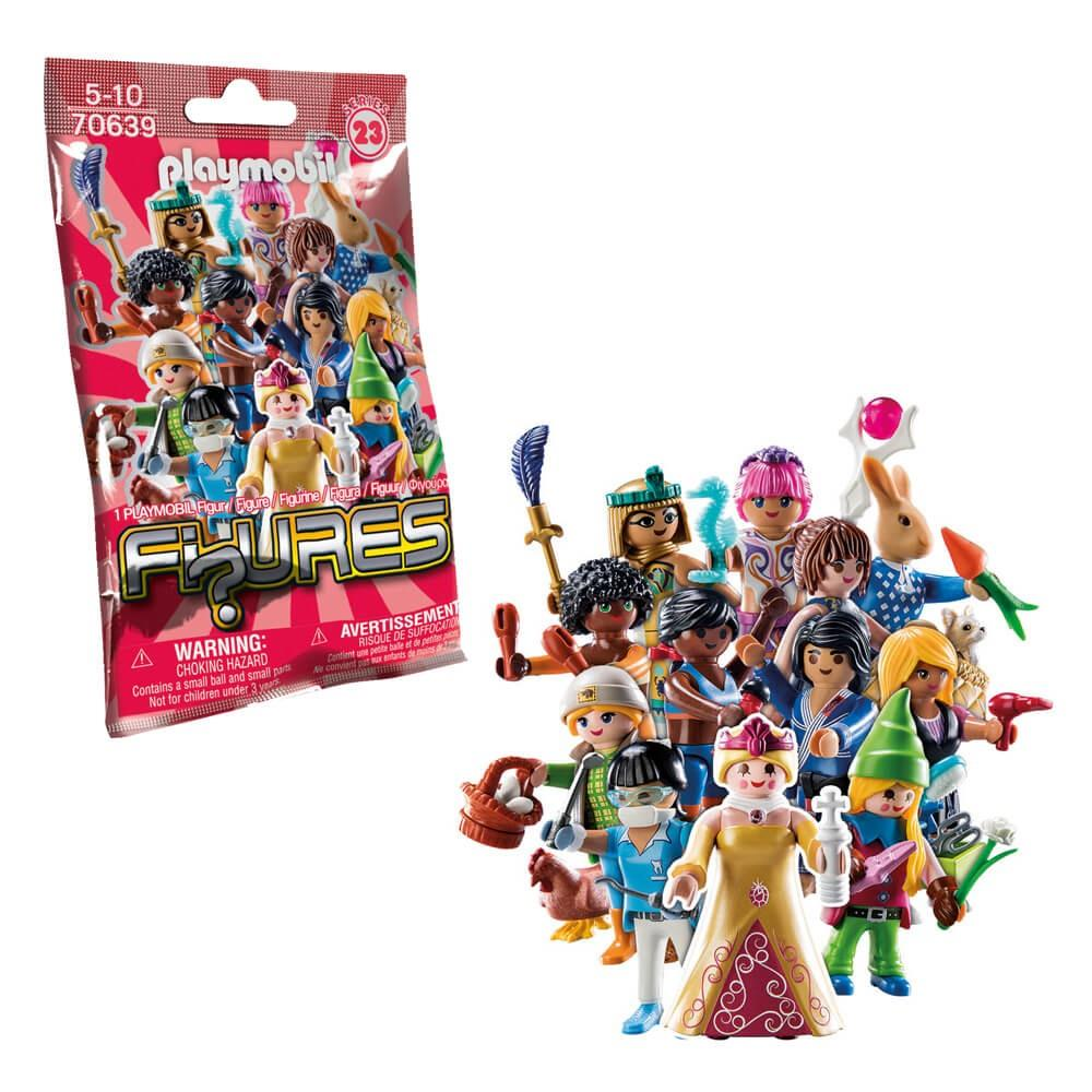 Torebka z figurkami Playmobil Serii 23 i grupa 14 rozrzuconych figurek.