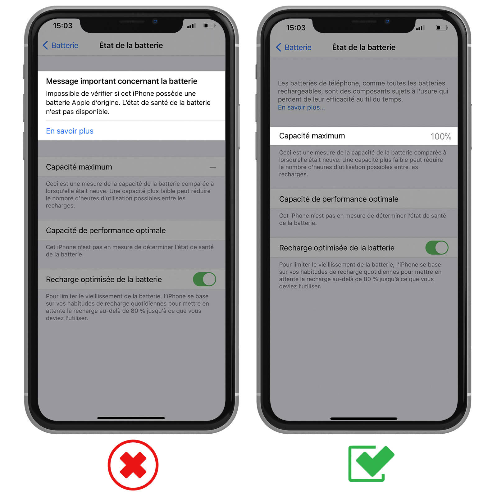 Zwei iPhones zeigen den Batteriezustand an. Ein iPhone hat eine Warnmeldung.