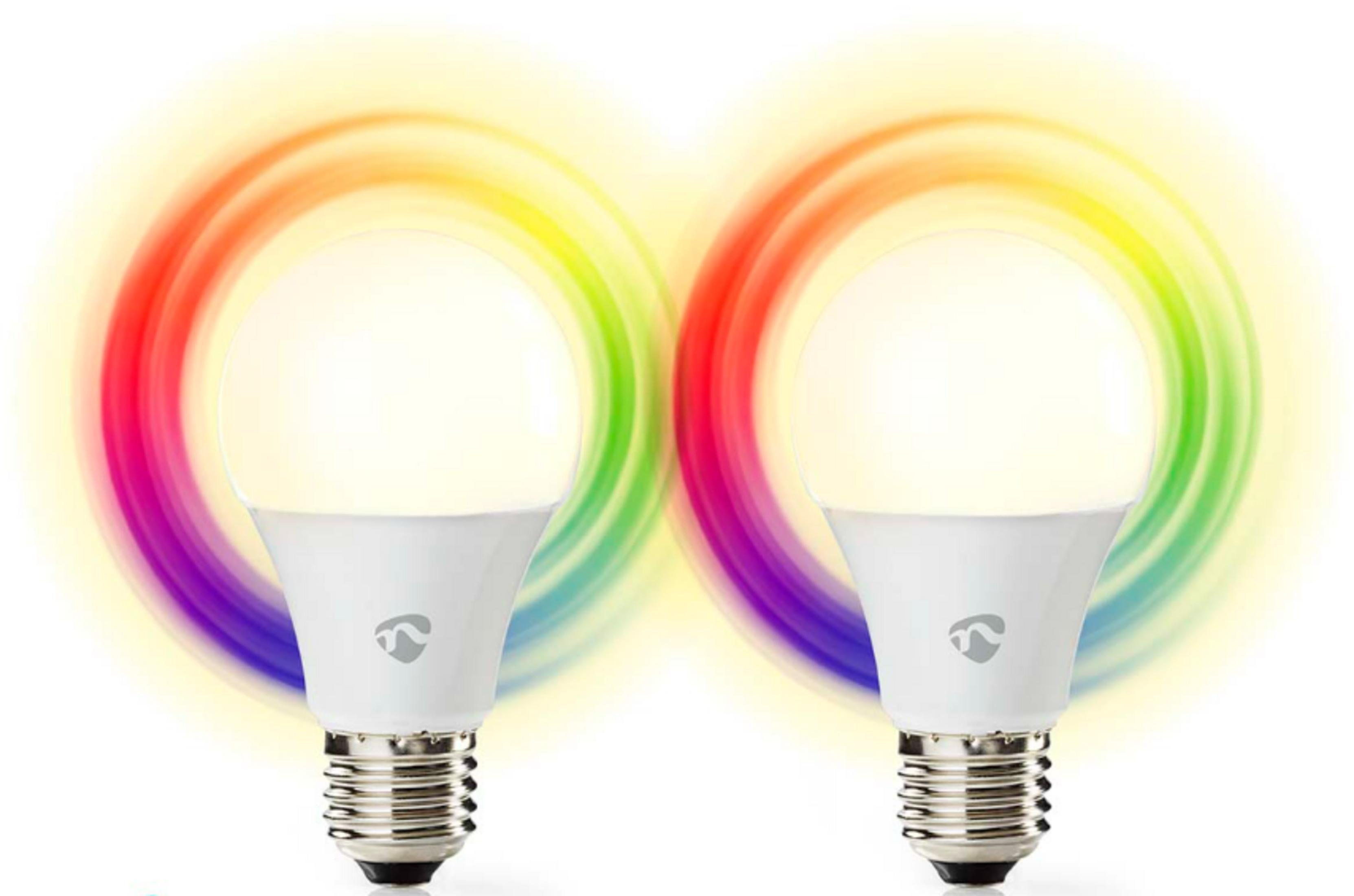 Dwie białe żarówki LED z efektami świetlnymi tęczy.