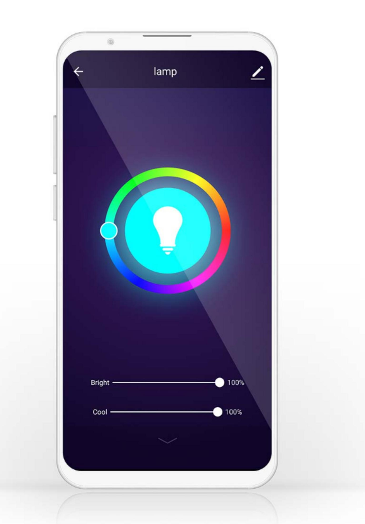 Interfejs aplikacji pokazuje żarówkę z kołem kolorów i suwakami jasności.