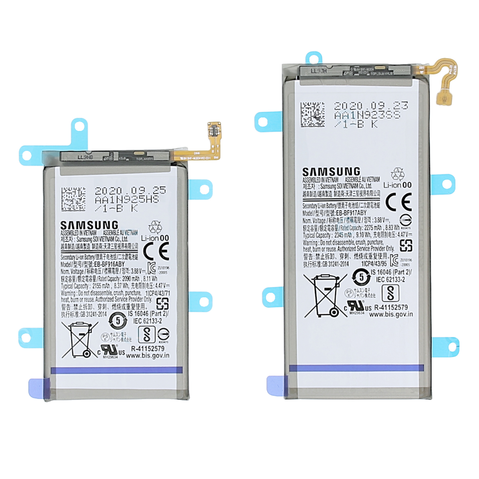 Dos baterías Samsung una al lado de la otra, modelos EB-BF916ABY y EB-BF917ABY.