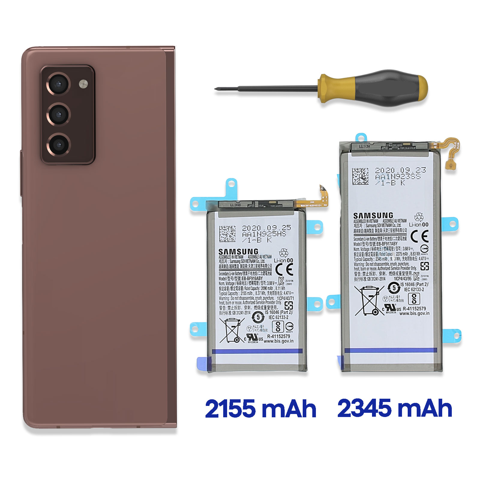 Un smartphone marrón, dos baterías Samsung y un destornillador sobre fondo blanco.