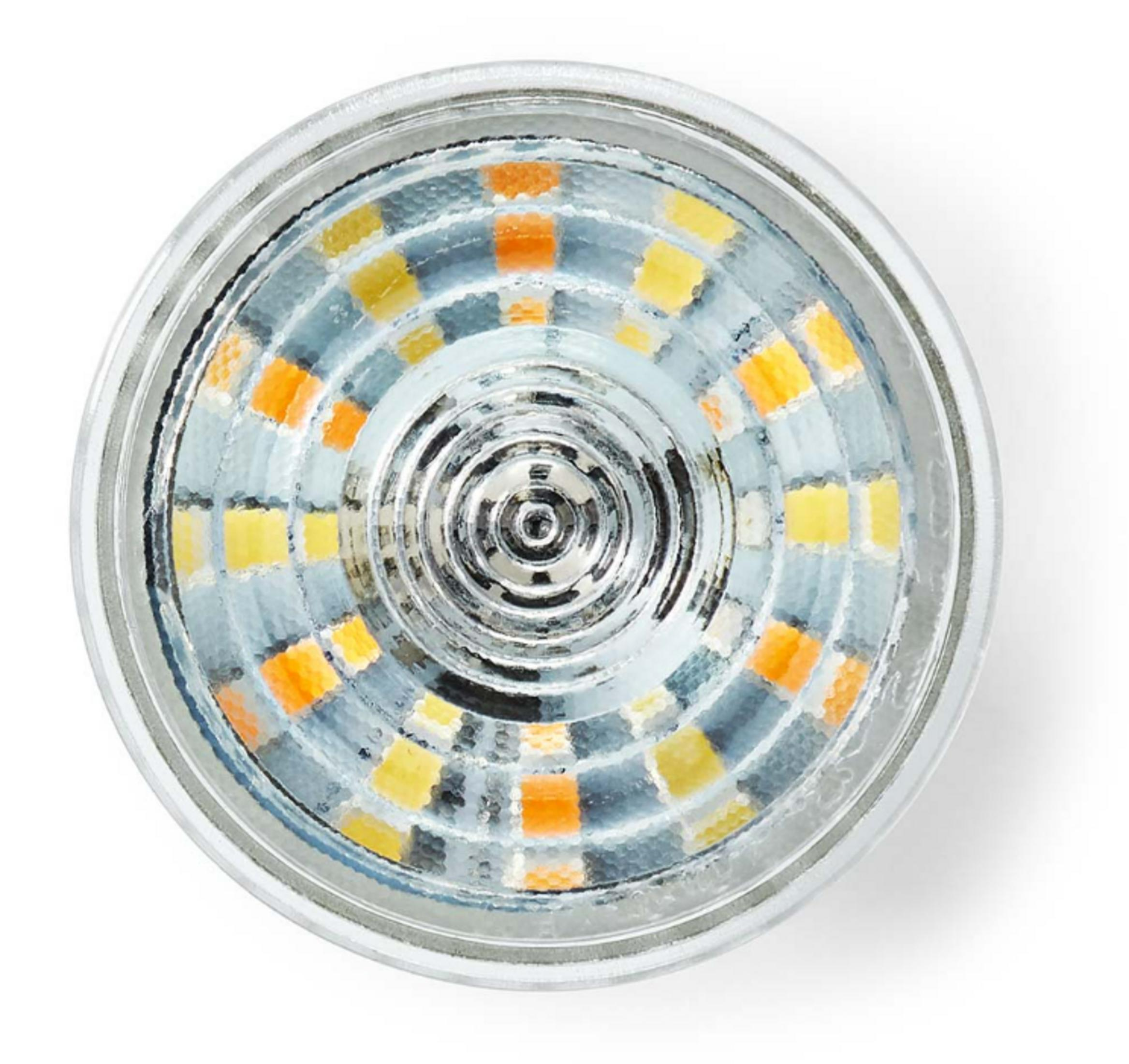 Zbliżenie okrągłej żarówki LED z pomarańczowymi i żółtymi światłami.