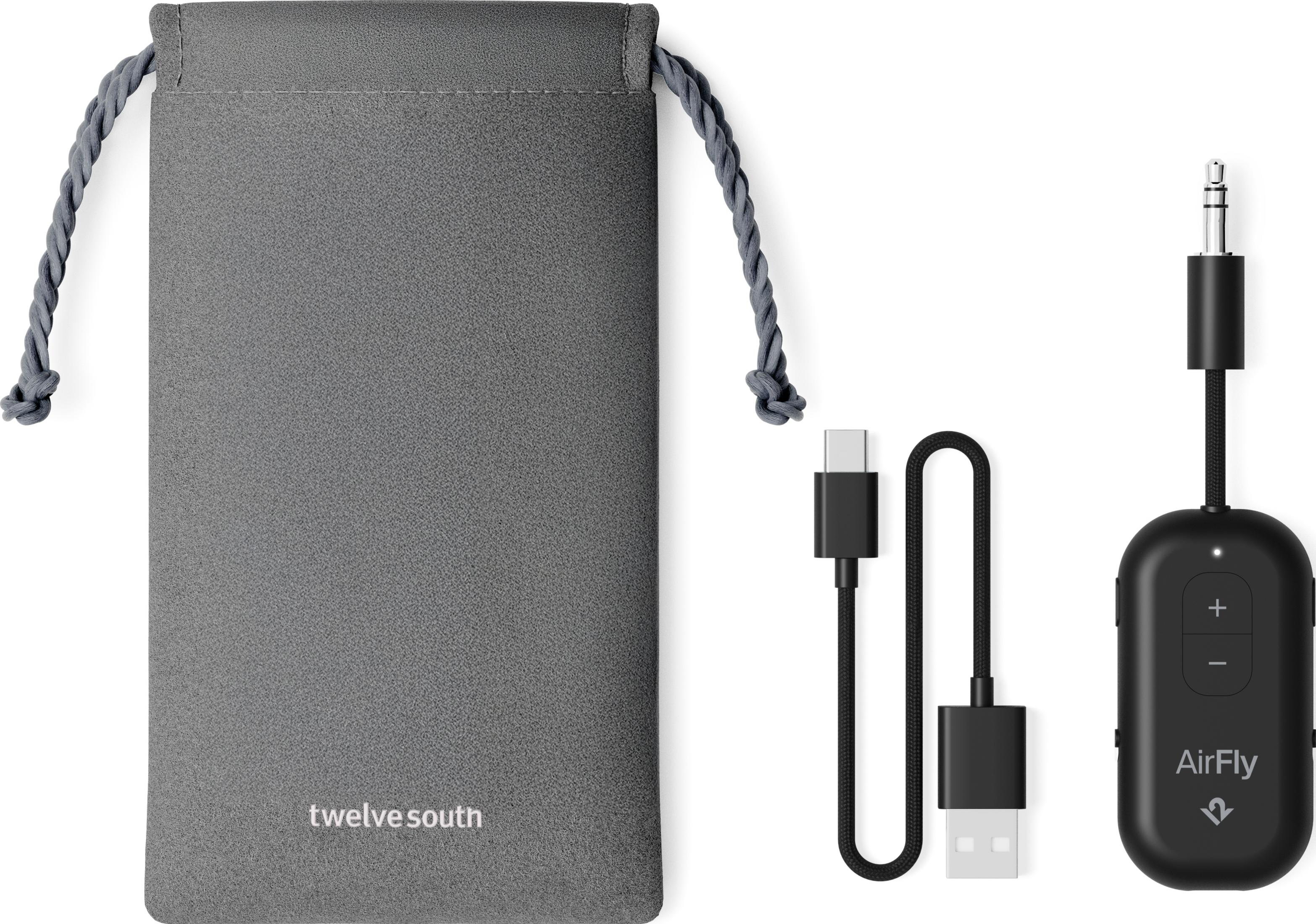 Custodia grigia, cavo USB-C, adattatore AirFly con jack da 3,5 mm.