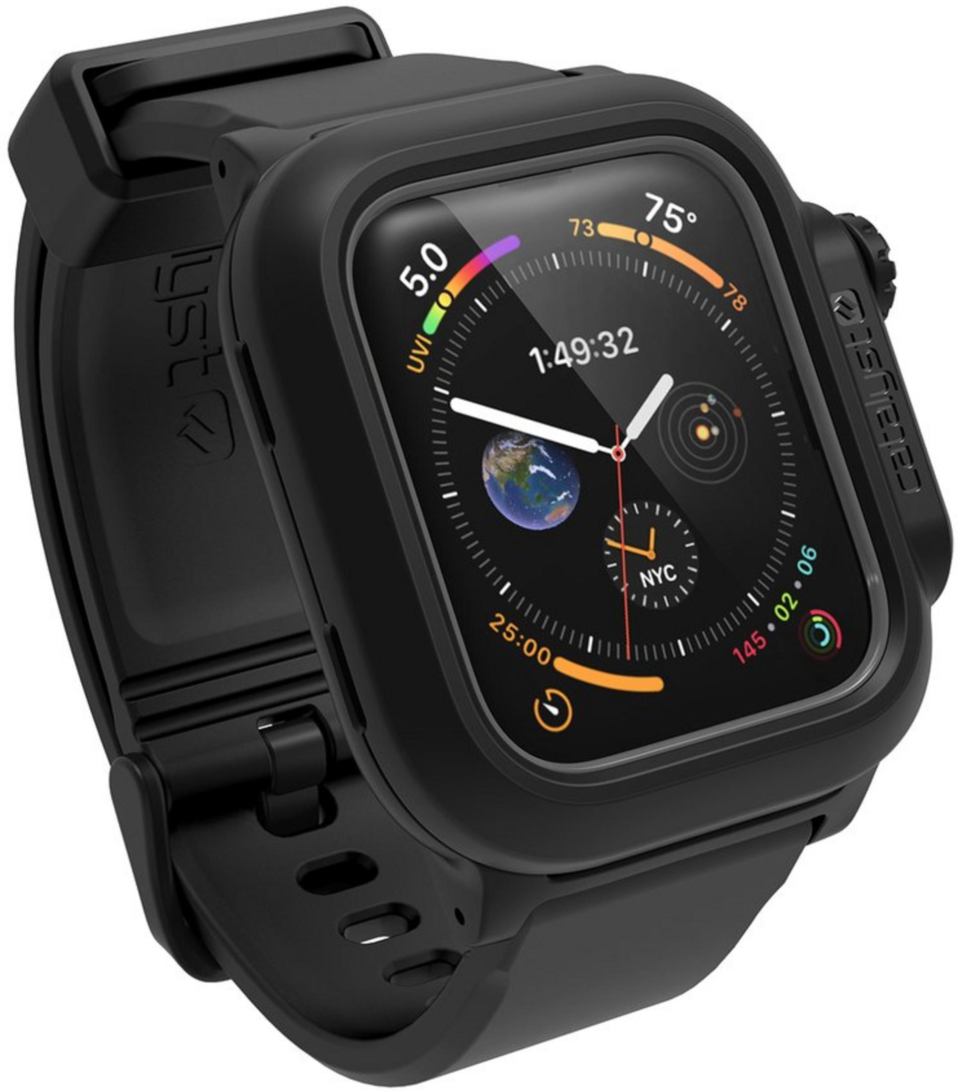 Schwarze Smartwatch mit schwarzem Armband und detailliertem Zifferblatt mit Weltkugel.