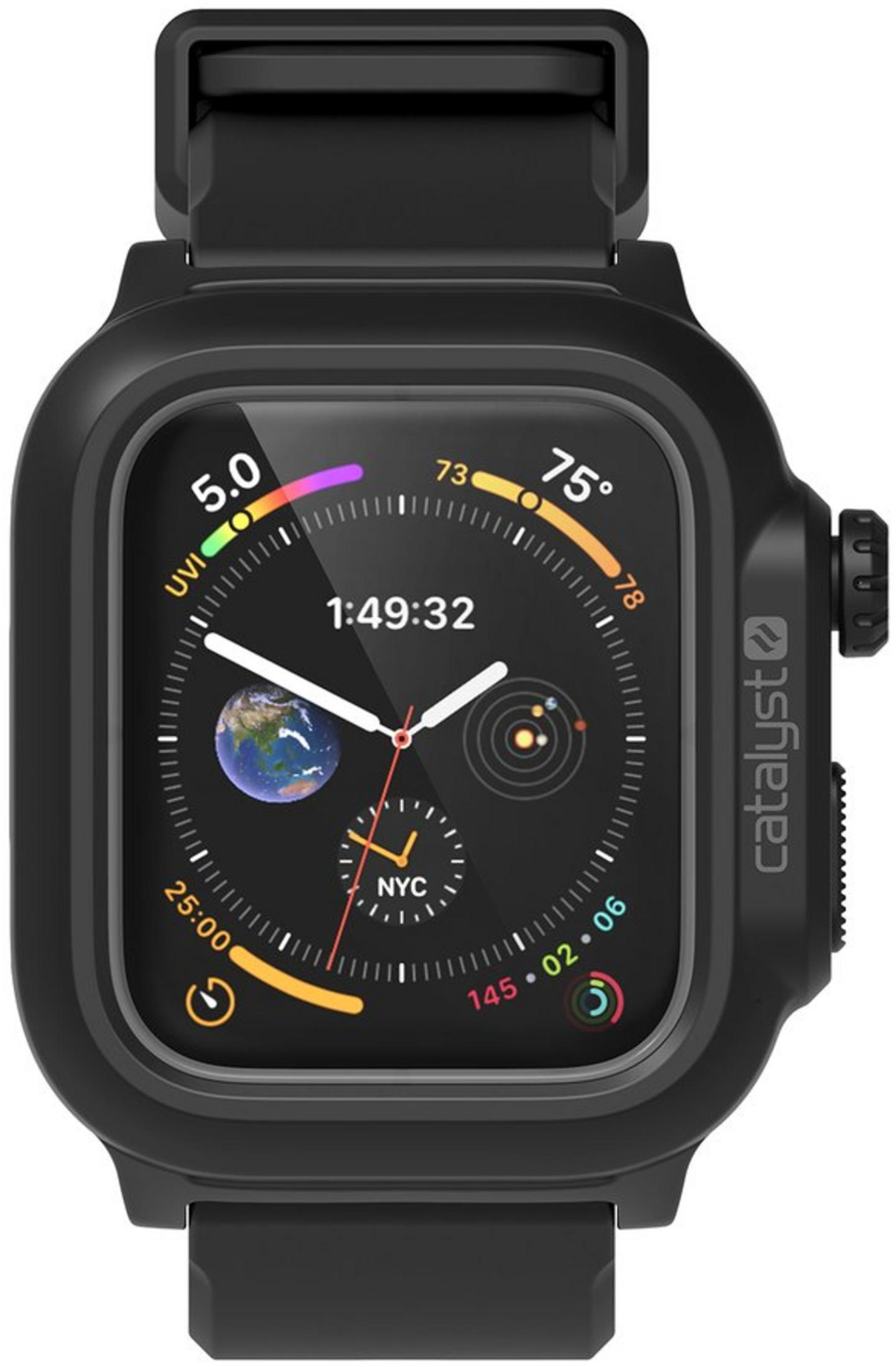 Schwarze Smartwatch mit digitaler Anzeige: Zeit, Erde, UVI, Temperatur und mehr.