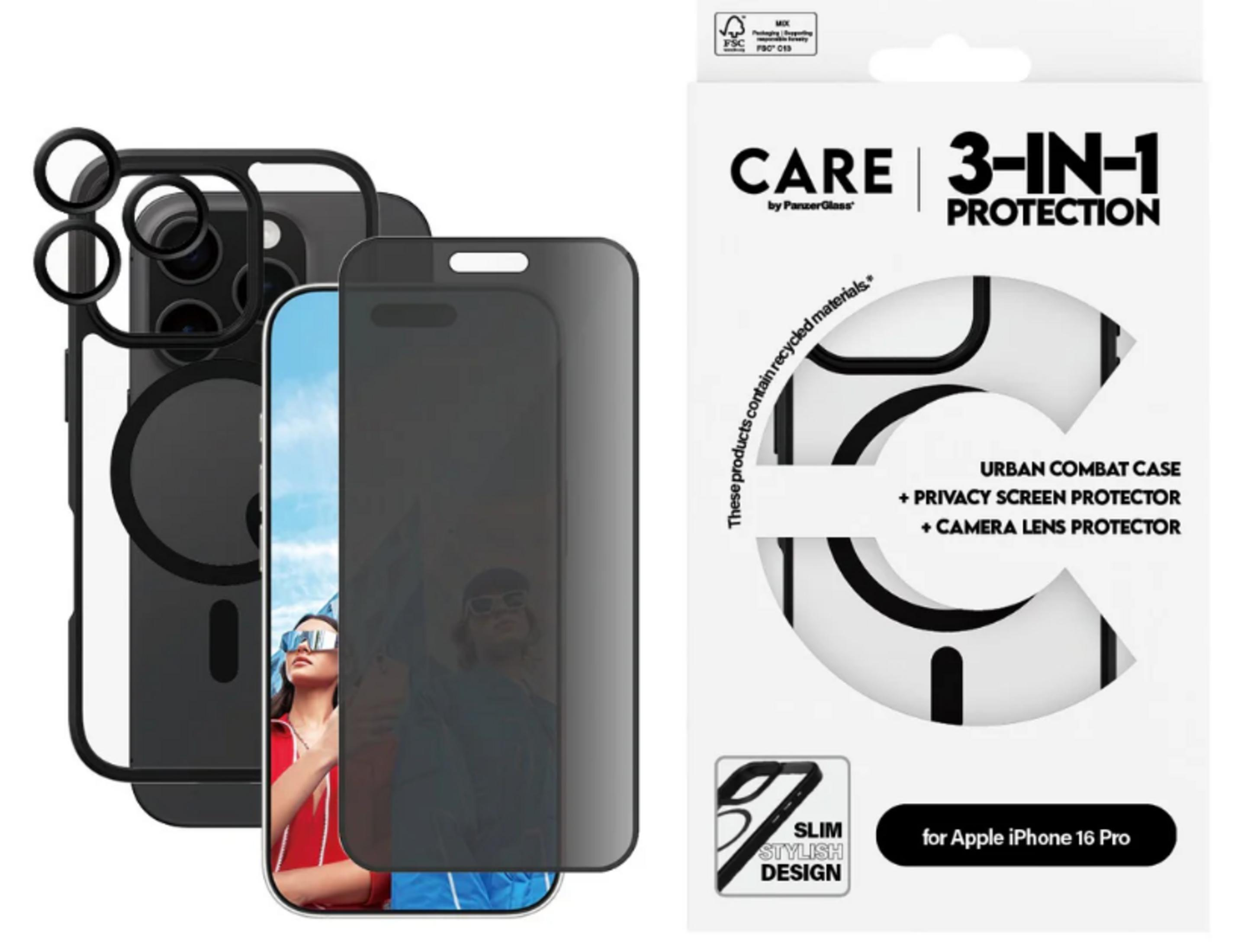 Kılıf, ekran koruyucu ve kamera lens koruyucu içeren siyah iPhone koruma seti.