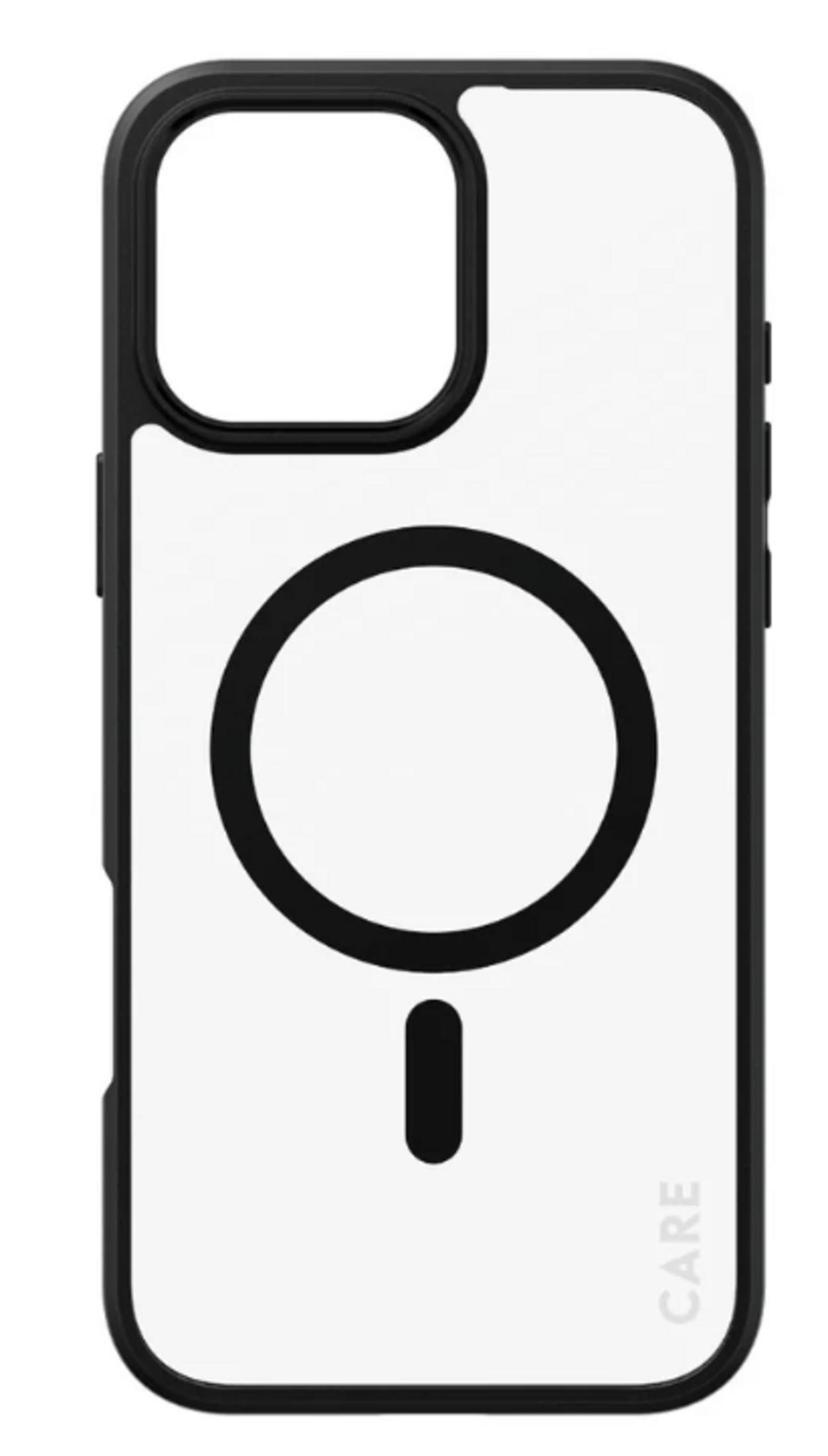 Beyaz arka planlı siyah iPhone kılıfı ve siyah daire.