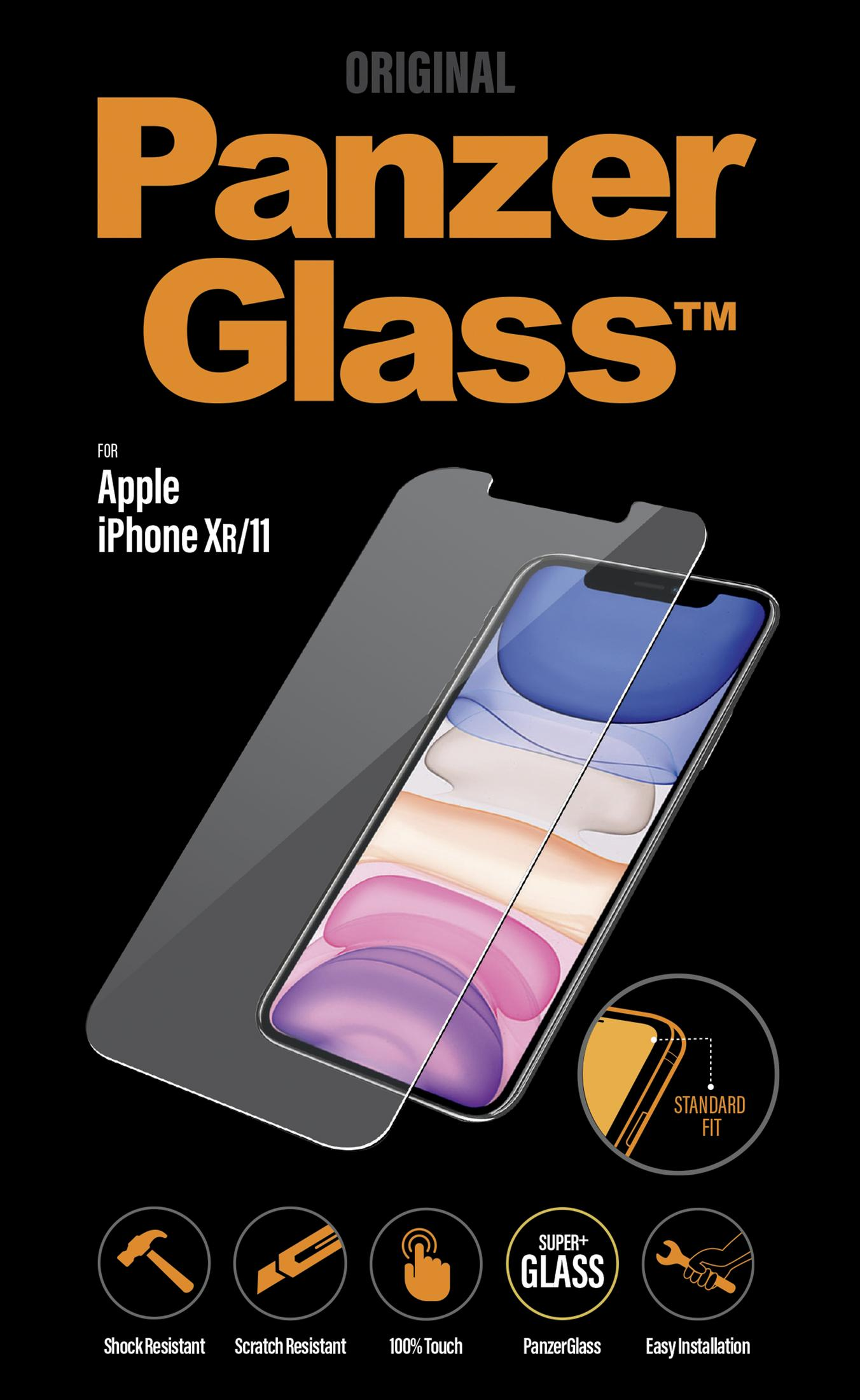 PanzerGlass screenprotector voor iPhone XR/11, met symbolen voor schokbestendigheid.