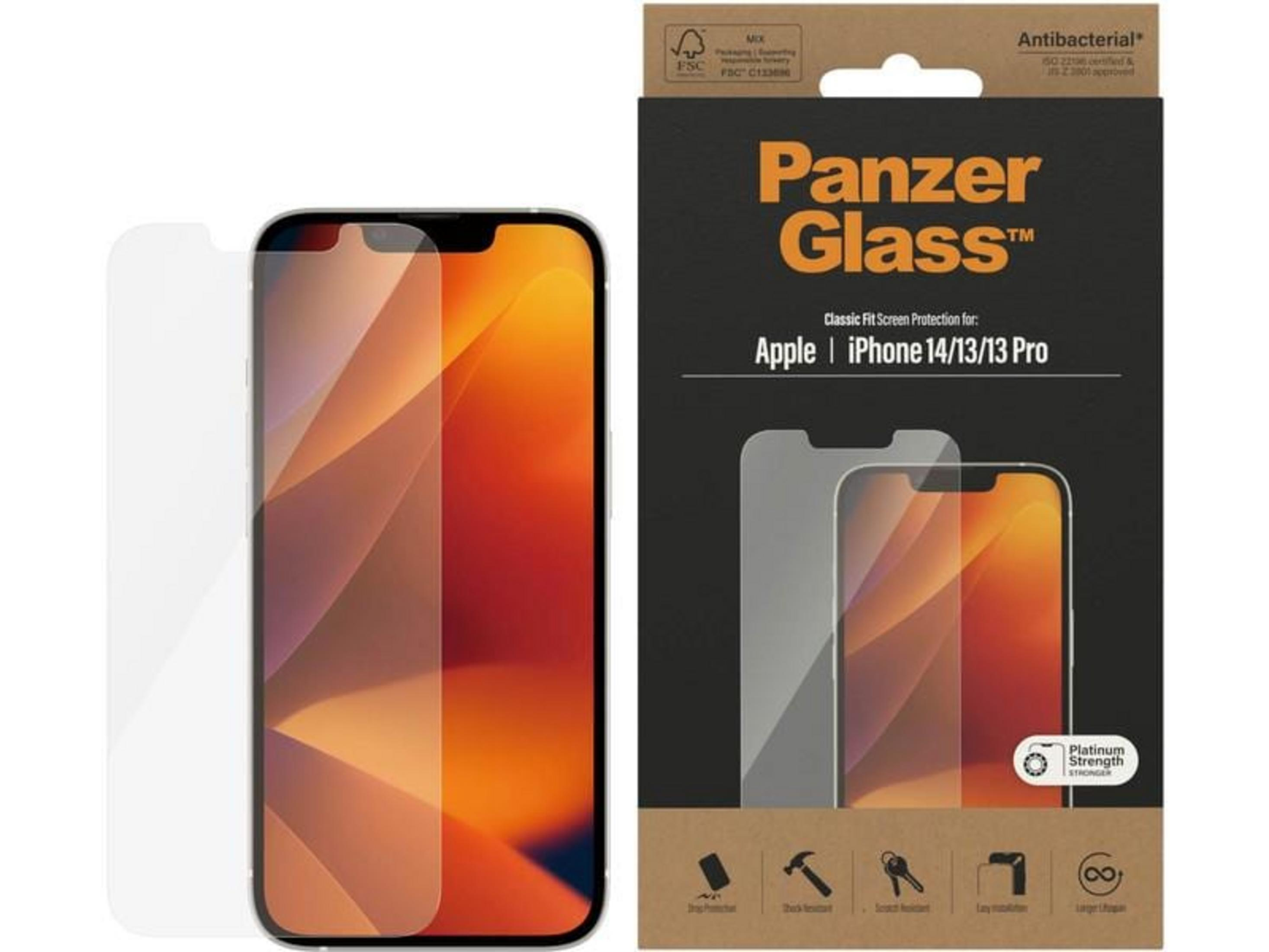Protection d'écran Panzer Glass pour iPhone 14/13/13 Pro sur son emballage.