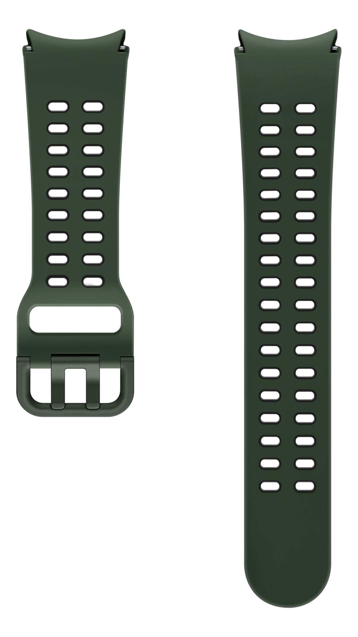 Ciemnozielony pasek do zegarka z otworami wentylacyjnymi i klamrą.