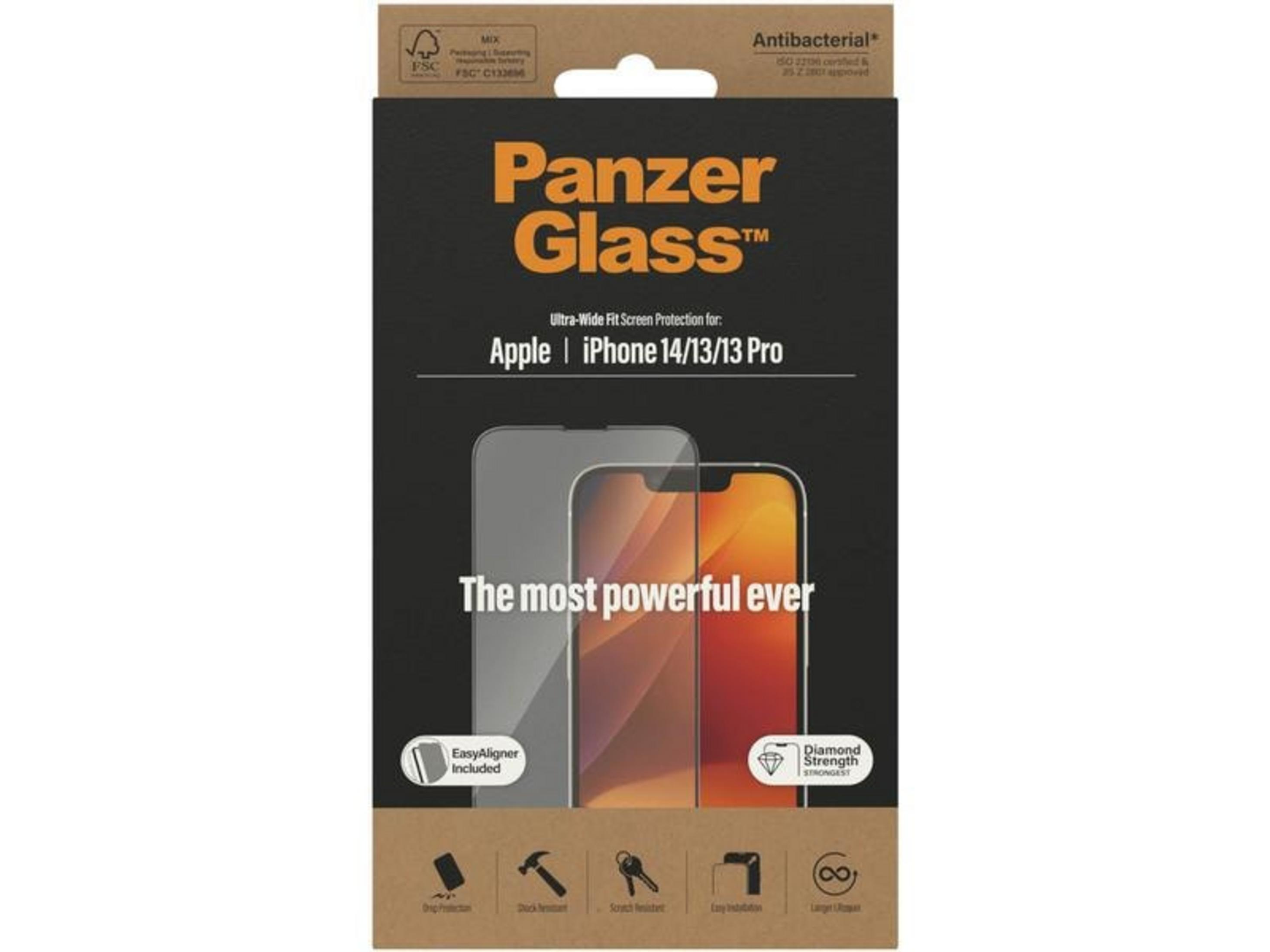 Opakowanie folii ochronnej Panzer Glass na ekran do iPhone 14/13/13 Pro.