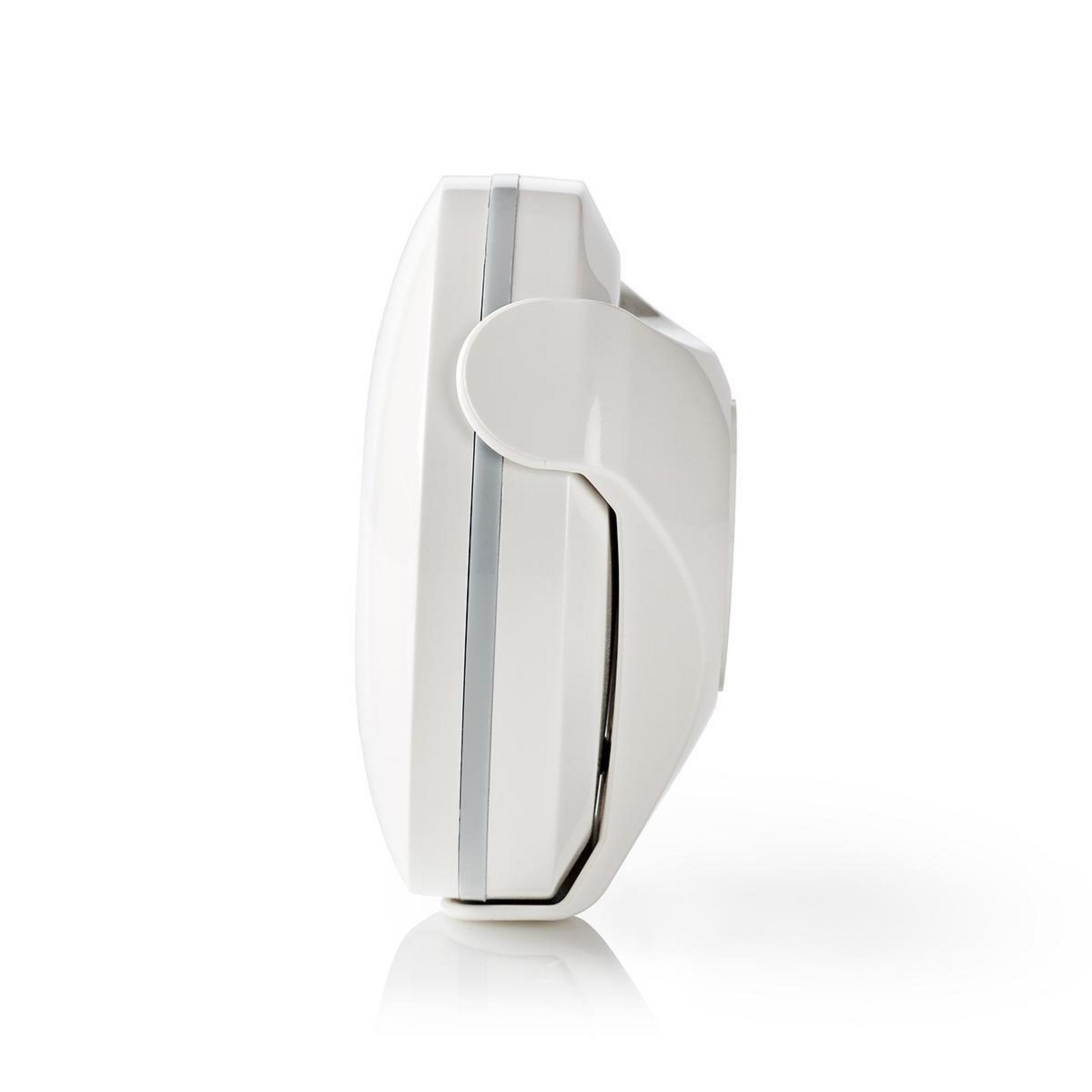 Białe, prostokątne urządzenie z szarym paskiem, pokazane z boku.