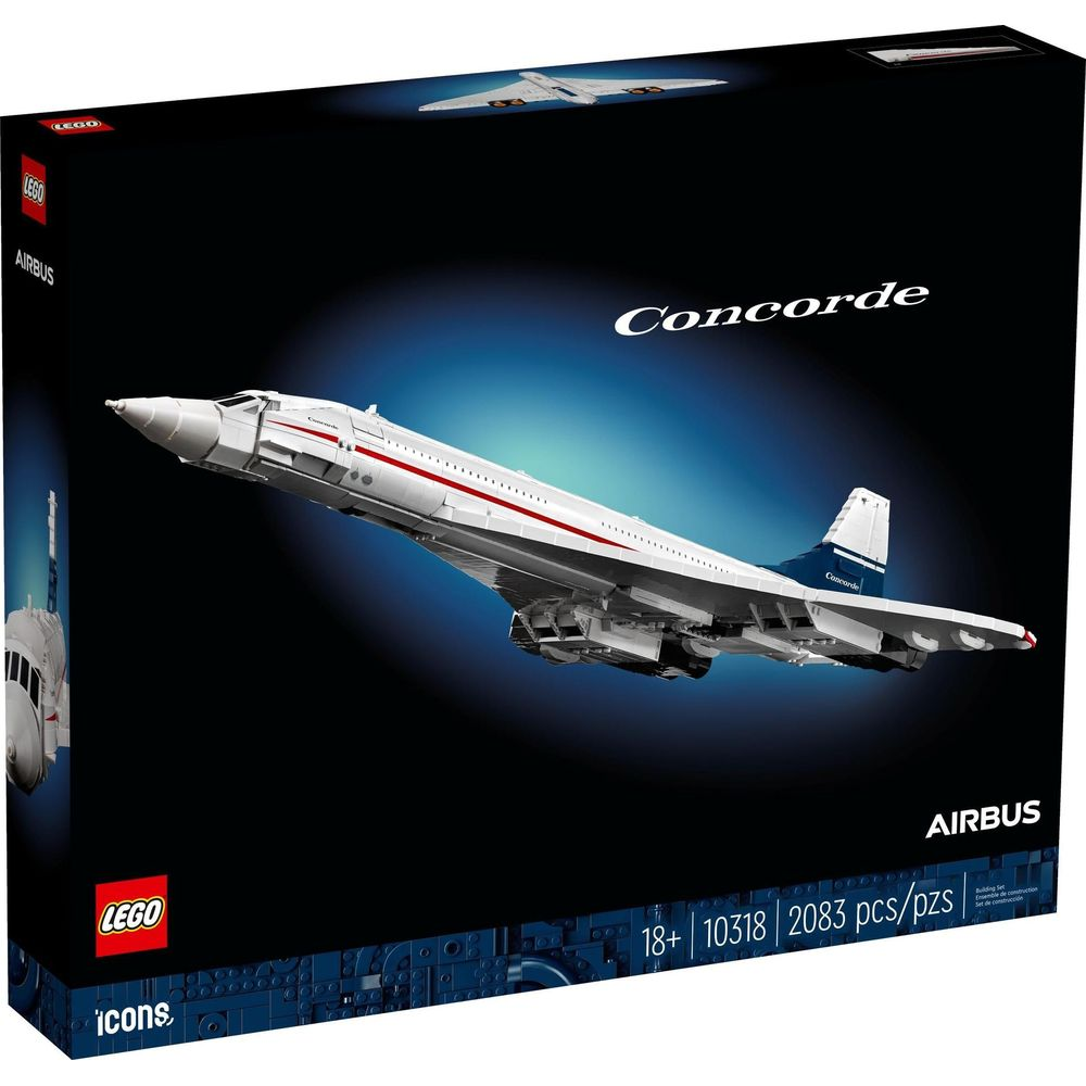 Pudełko LEGO Concorde ze szczegółowym modelem samolotu i logo Airbus.