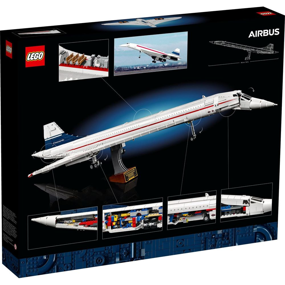 Model Lego Concorde na ciemnym tle ze zdjęciami szczegółów.