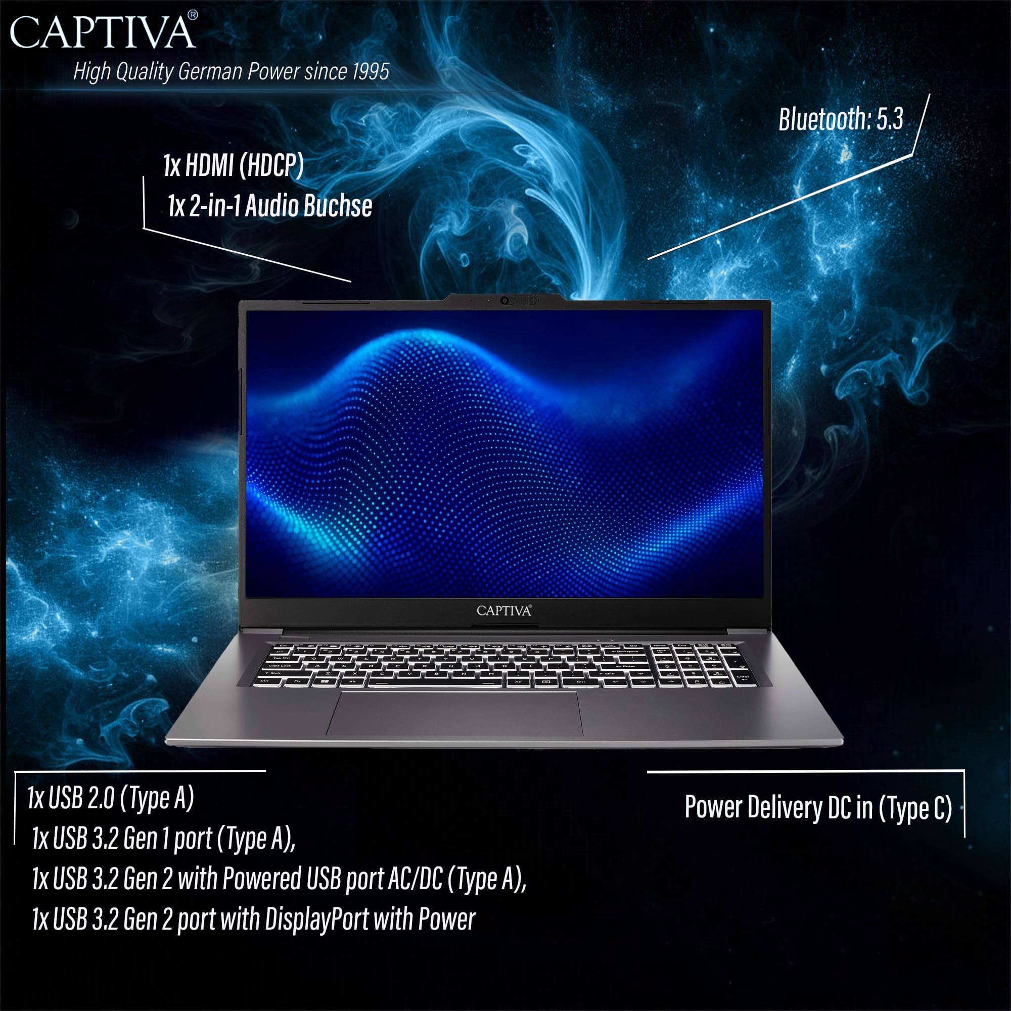 Laptop Captiva z niebieskim tłem, portami i specyfikacjami.