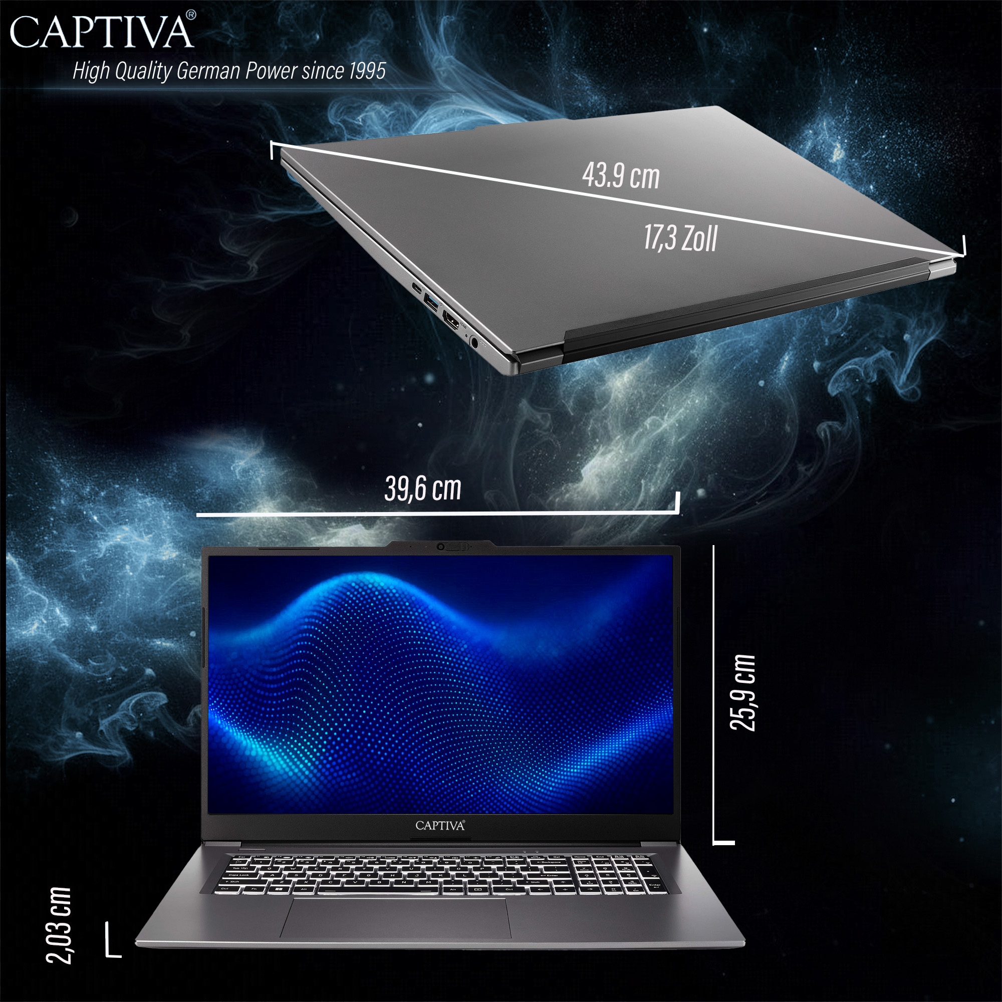 Zamknięty i otwarty srebrny laptop z wymiarami na ciemnym tle.
