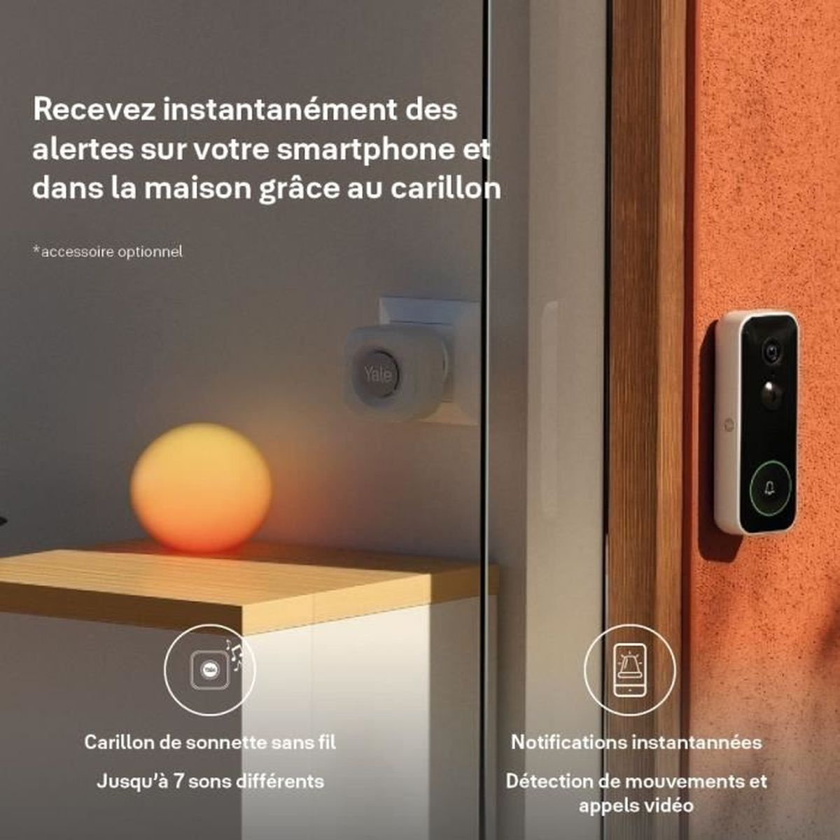 Un sensore campanello bianco e un campanello Yale per le notifiche.