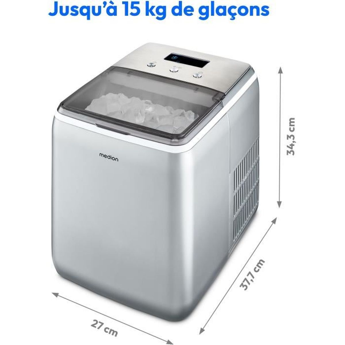 Srebrna kostkarka do lodu Medion z kostkami lodu widocznymi w przezroczystej pokrywie. Wymiary.