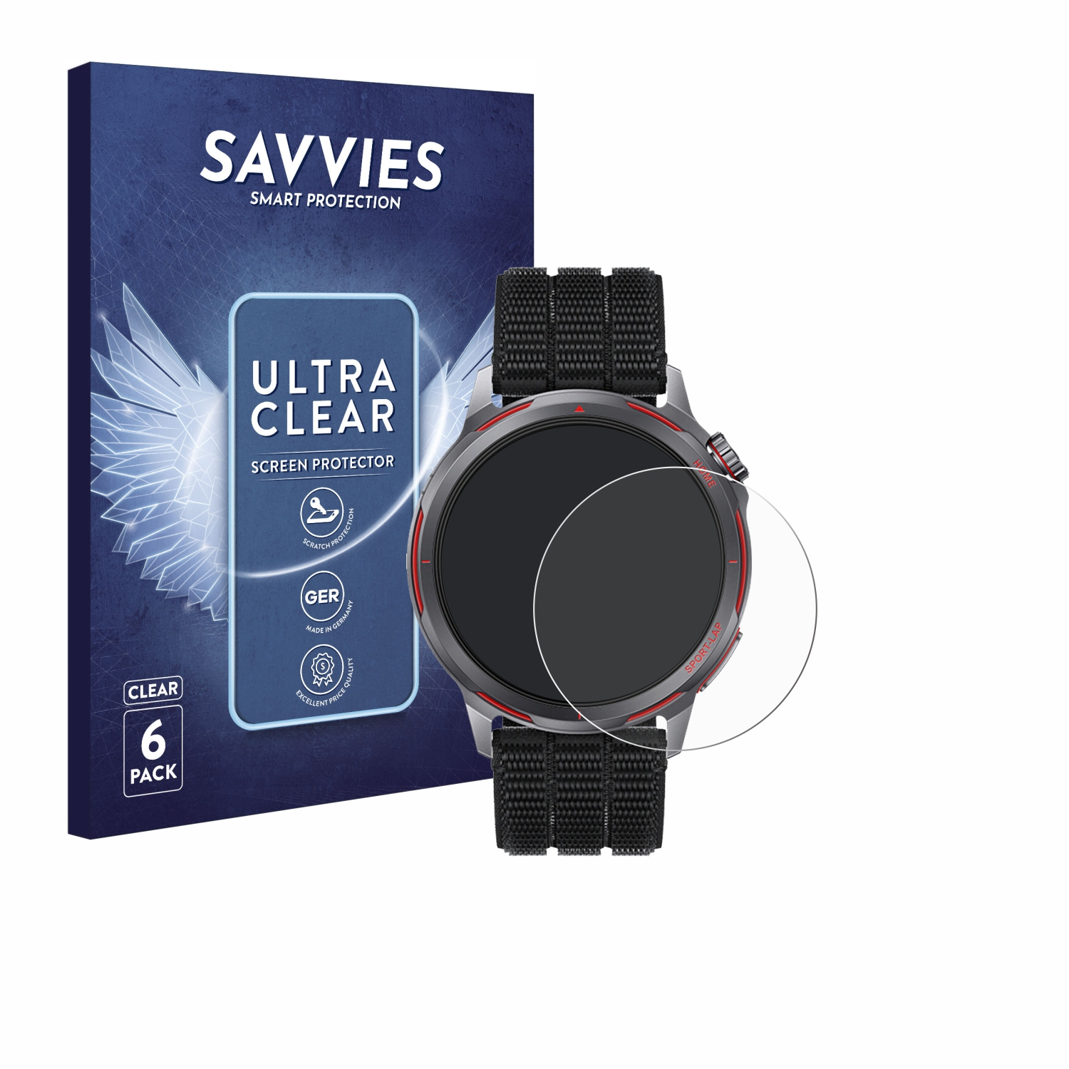 Savvies Displayschutzfolie für eine Smartwatch, 6er Pack.