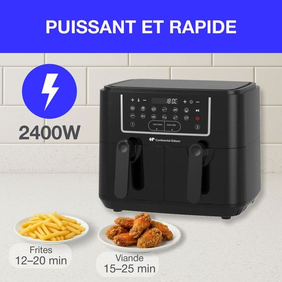 Eine schwarze Heißluftfritteuse mit 2400W, daneben Pommes und Hähnchenflügel.