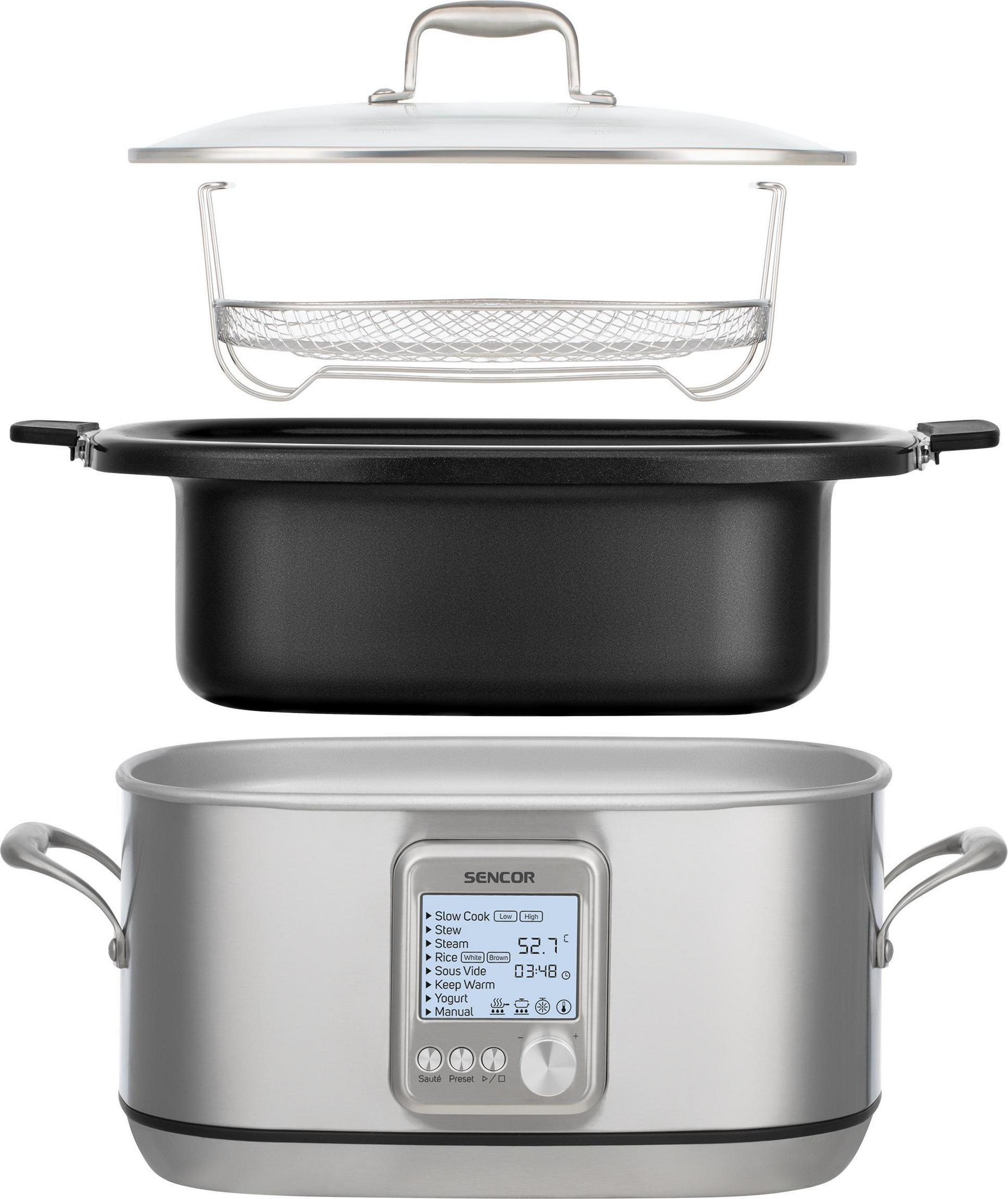 Una multicooker Sencor con coperchio in vetro, inserto nero e display digitale.