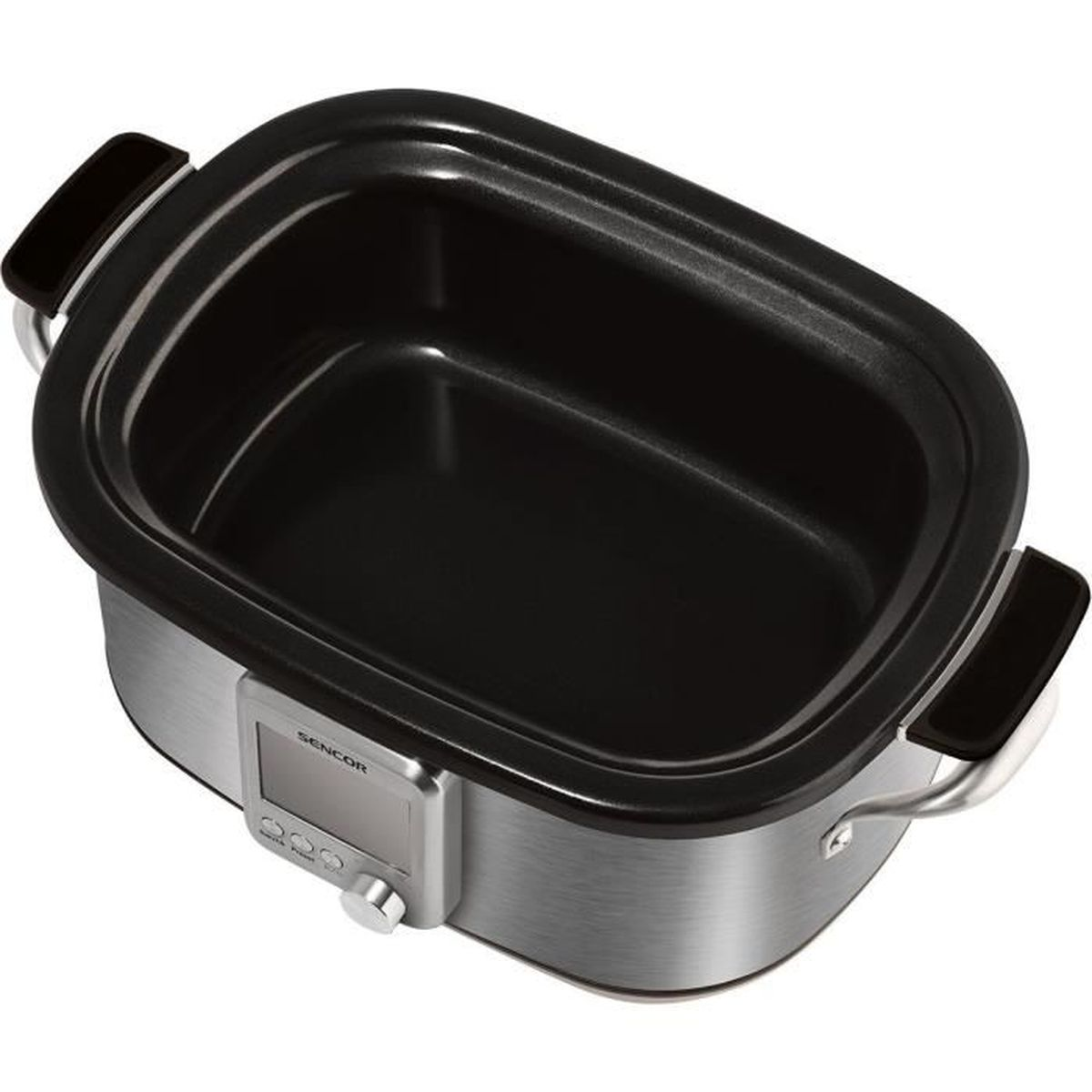 Una slow cooker rettangolare vuota in acciaio inossidabile con inserto nero e pannello di controllo argentato.