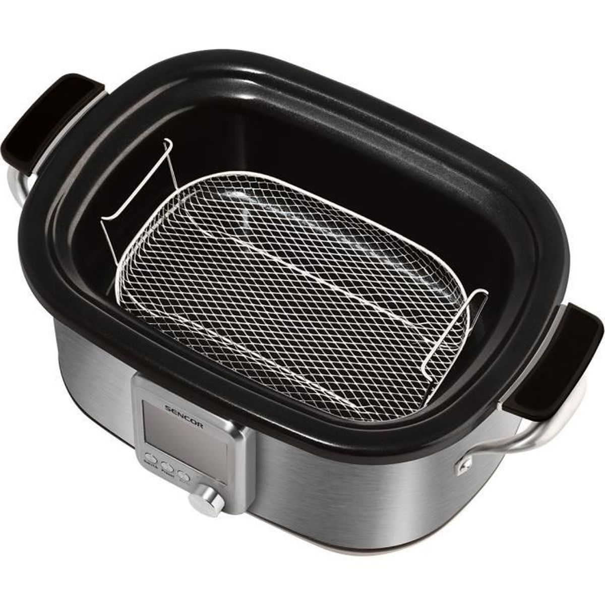 Una slow cooker nera con corpo argento e cestello interno argento.