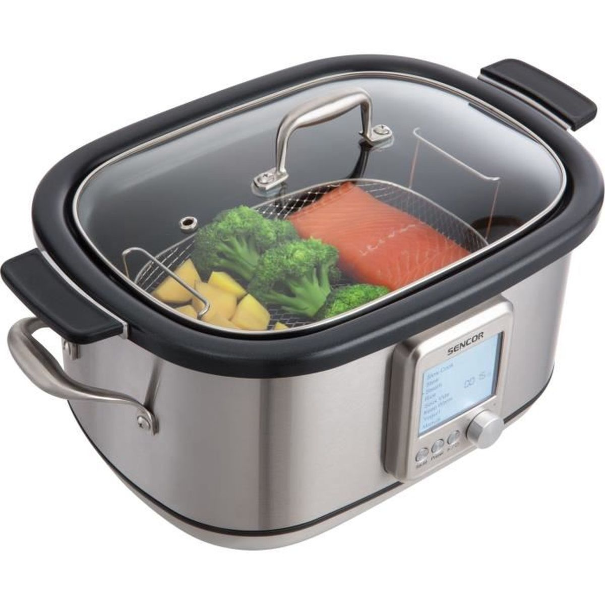 Una slow cooker argento con coperchio in vetro contenente broccoli, patate e salmone.