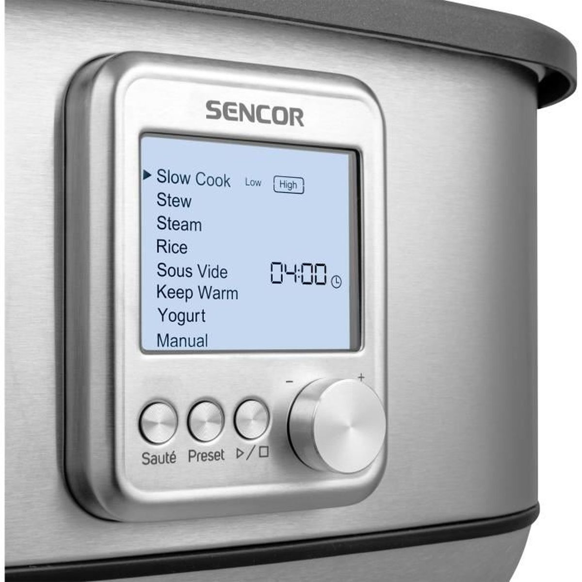 Display SENCOR mostra programmi come Cottura Lenta, Stufato, Riso, Yogurt e ore 04:00.