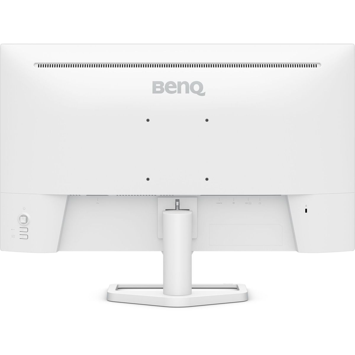 Back view of a white BenQ monitor with ports and stand.