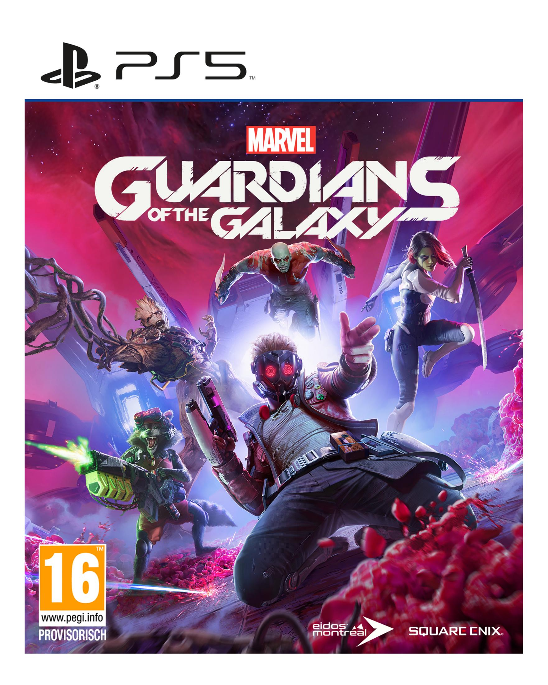 Copertina del gioco PS5 Guardians of the Galaxy con Star-Lord, Gamora, Drax, Groot e Rocket.