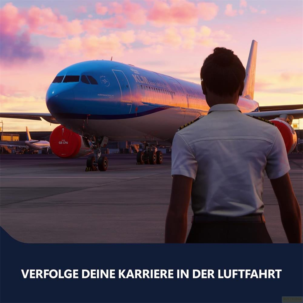 Pilota guarda aereo KLM su piazzale al tramonto. Testo: Insegui la tua carriera aerea.