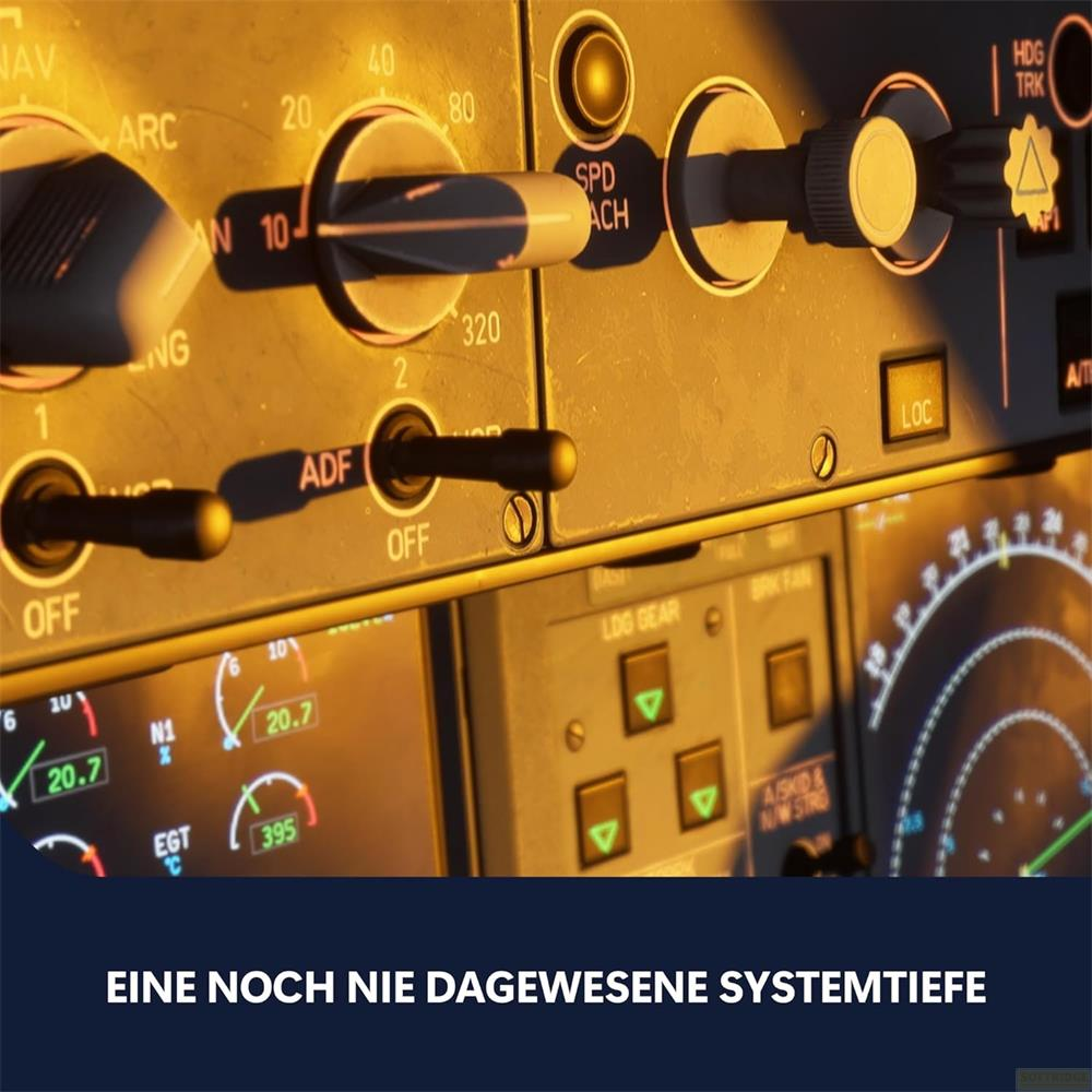 Cabina di pilotaggio di un aereo con interruttori, manopole e display. Illuminazione dorata.