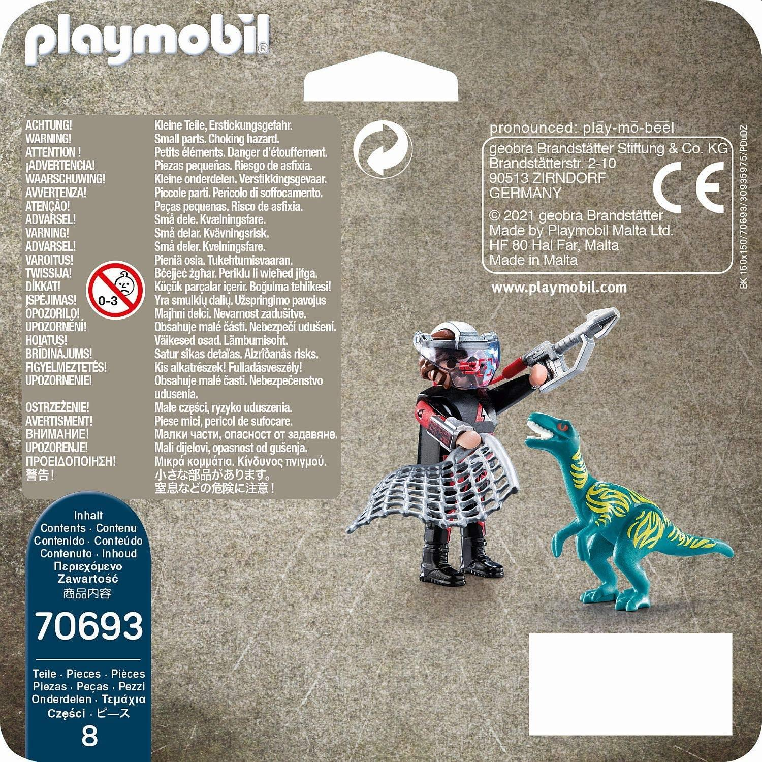 Figurka Playmobil z siecią i niebieskim dinozaurem w żółte pasy.