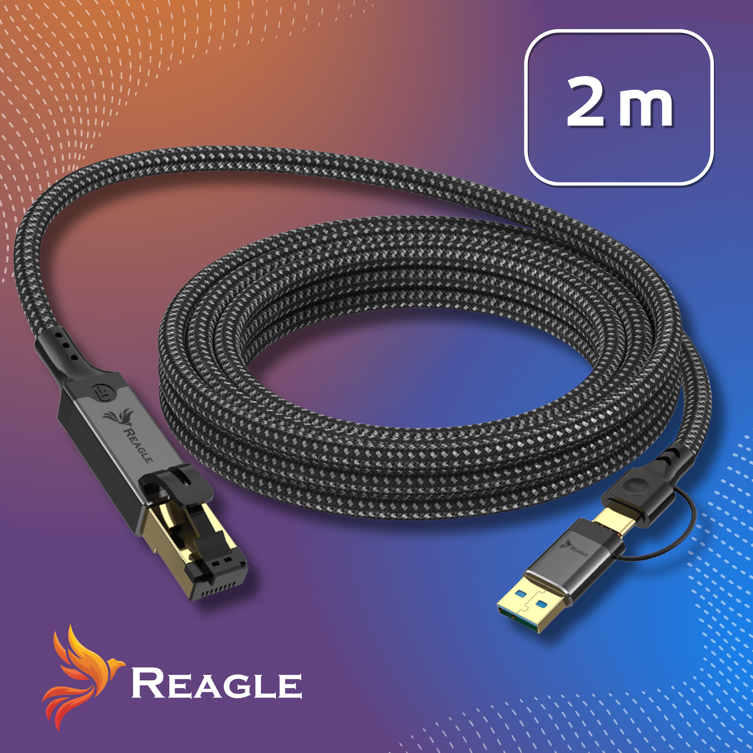 Czarny kabel USB 2m ze srebrnymi akcentami na tle gradientu fioletowo-pomarańczowego.