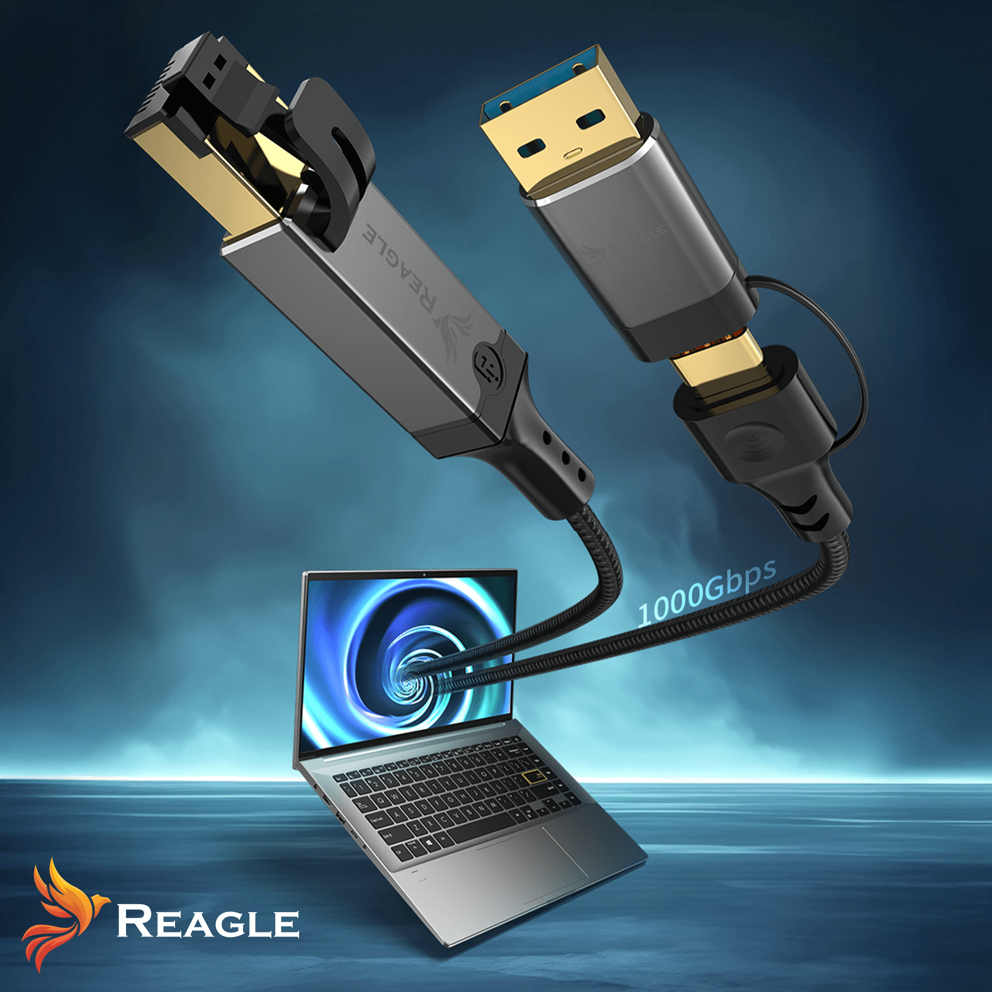 Laptop z kablami Reagle i złączem USB-C, 1000 Gbps.