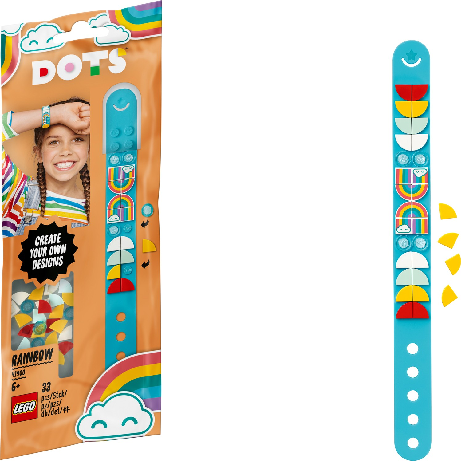 Confezione braccialetto turchese con DOTS arcobaleno e una ragazza.