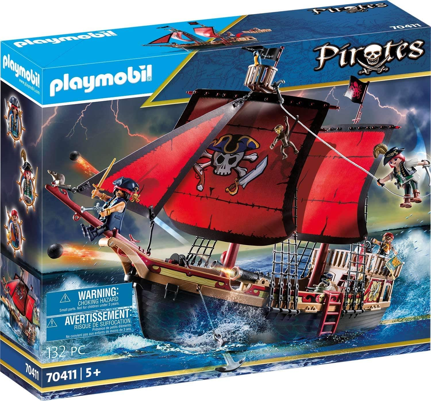 Nave pirata Playmobil con vele rosse e figure in mare in tempesta.