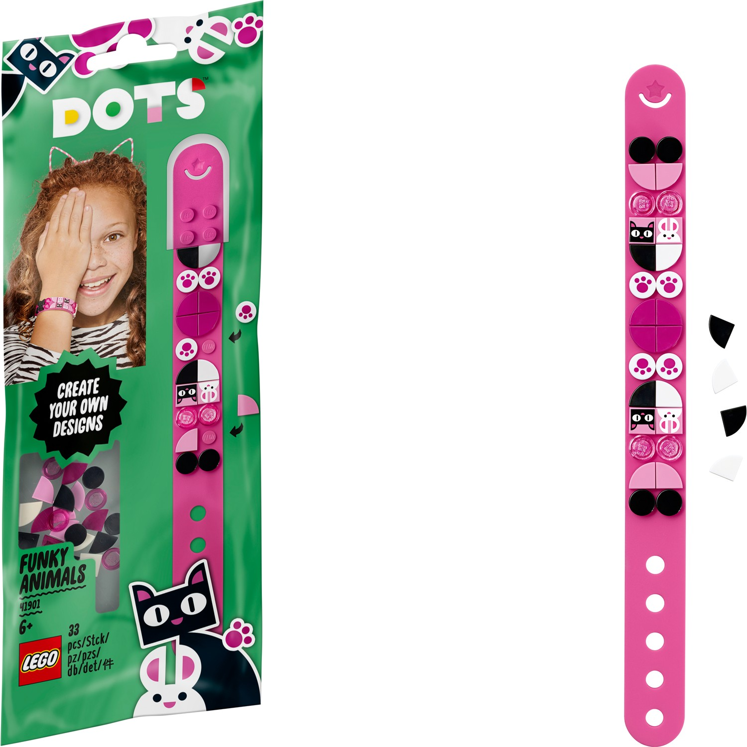 Kit braccialetto LEGO DOTS con design di gatti e conigli. Include braccialetto rosa e tessere colorate.