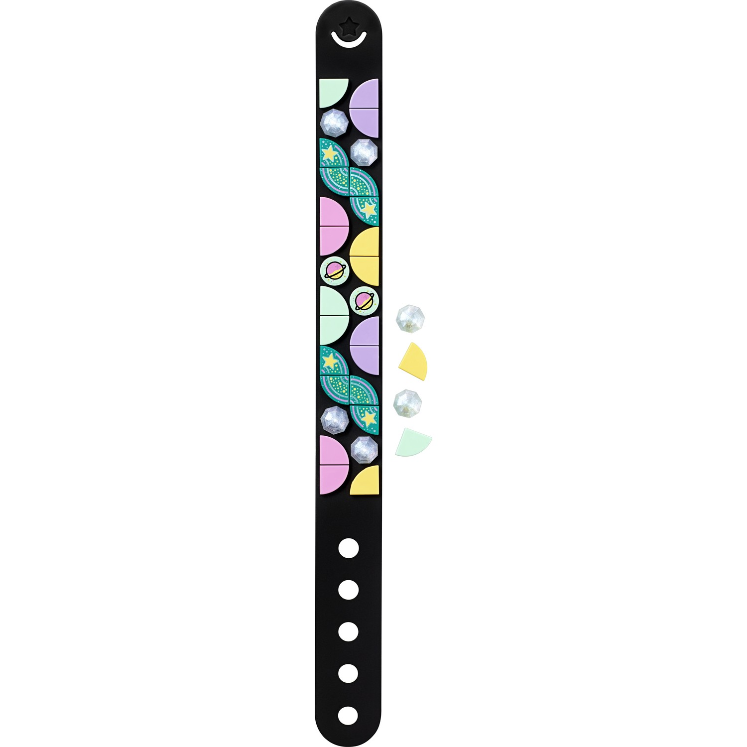 Braccialetto nero con tessere LEGO colorate e gemme scintillanti.