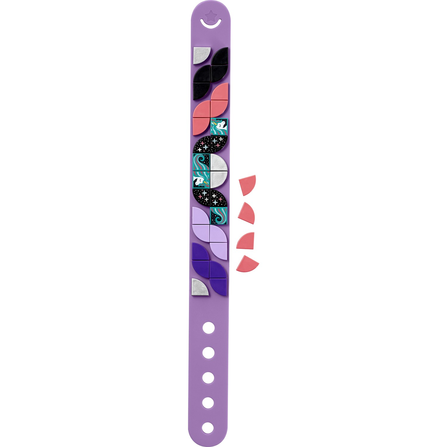Bracciale viola con tessere geometriche colorate, stella e luna.