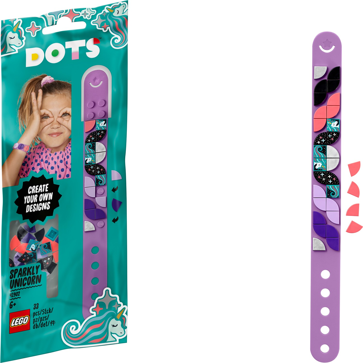 Set braccialetto LEGO DOTS Unicorno Scintillante con cinturino viola e tessere.
