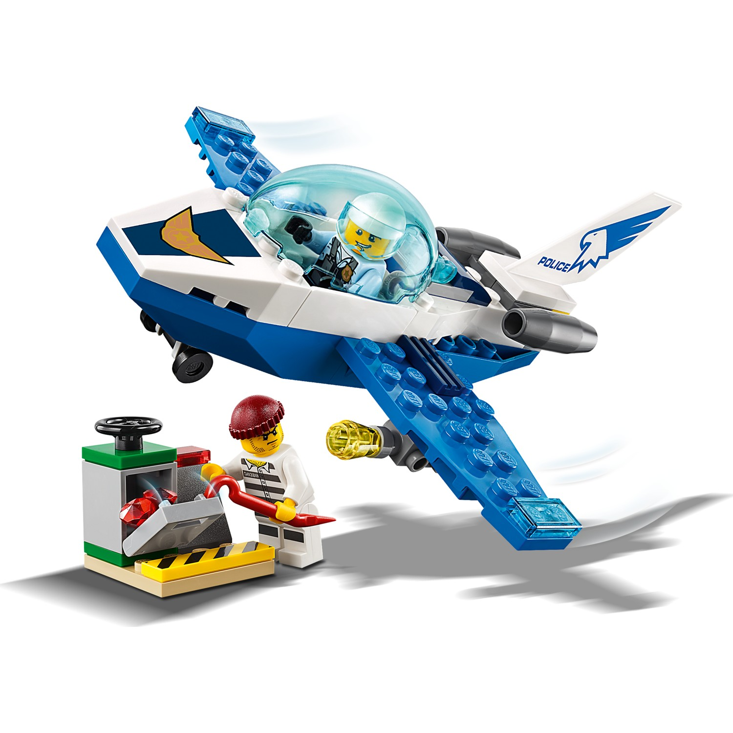 A Lego police plane flies as a Lego robber steals gems from a box.