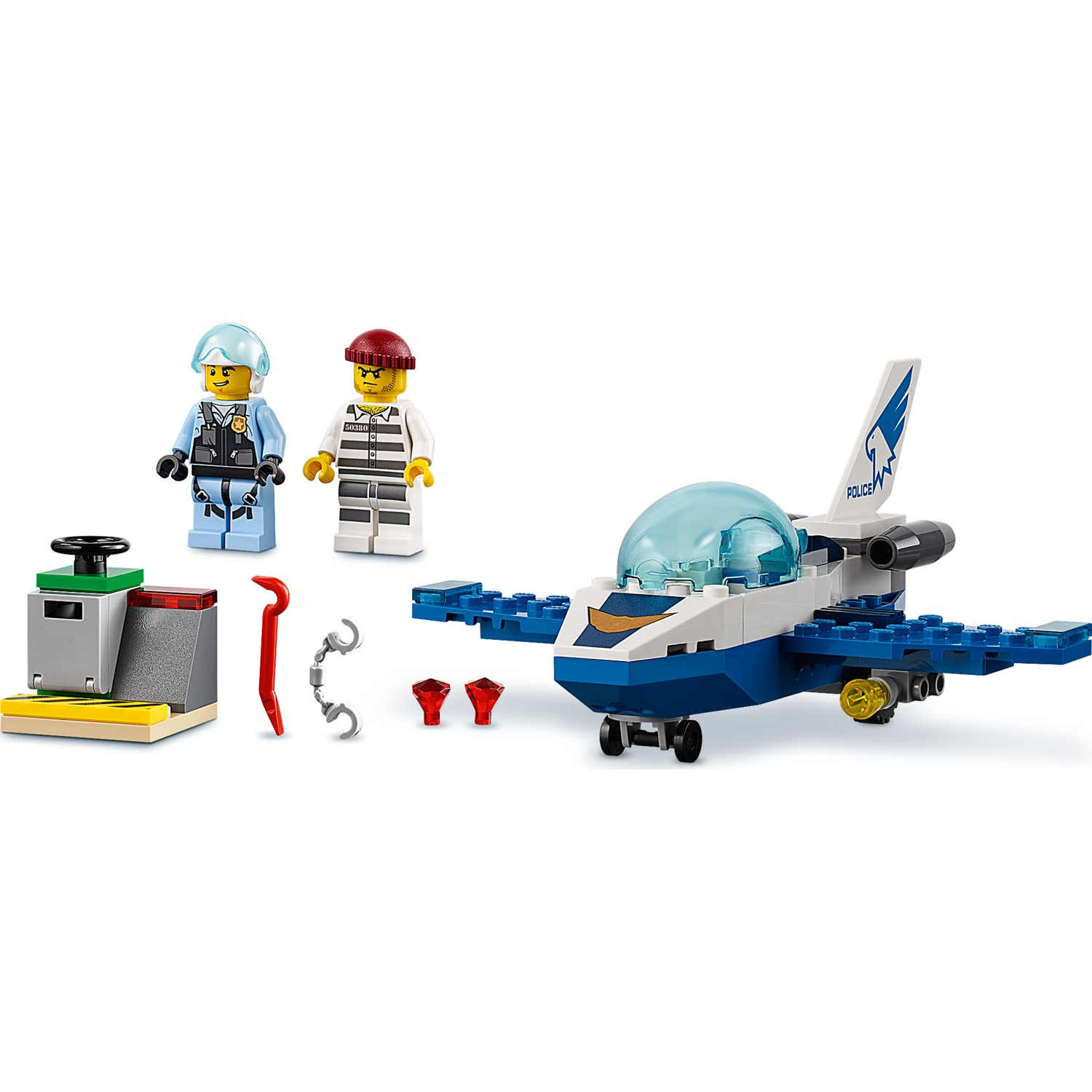 A Lego police jet with two figures, a jail, crowbar, and jewels.