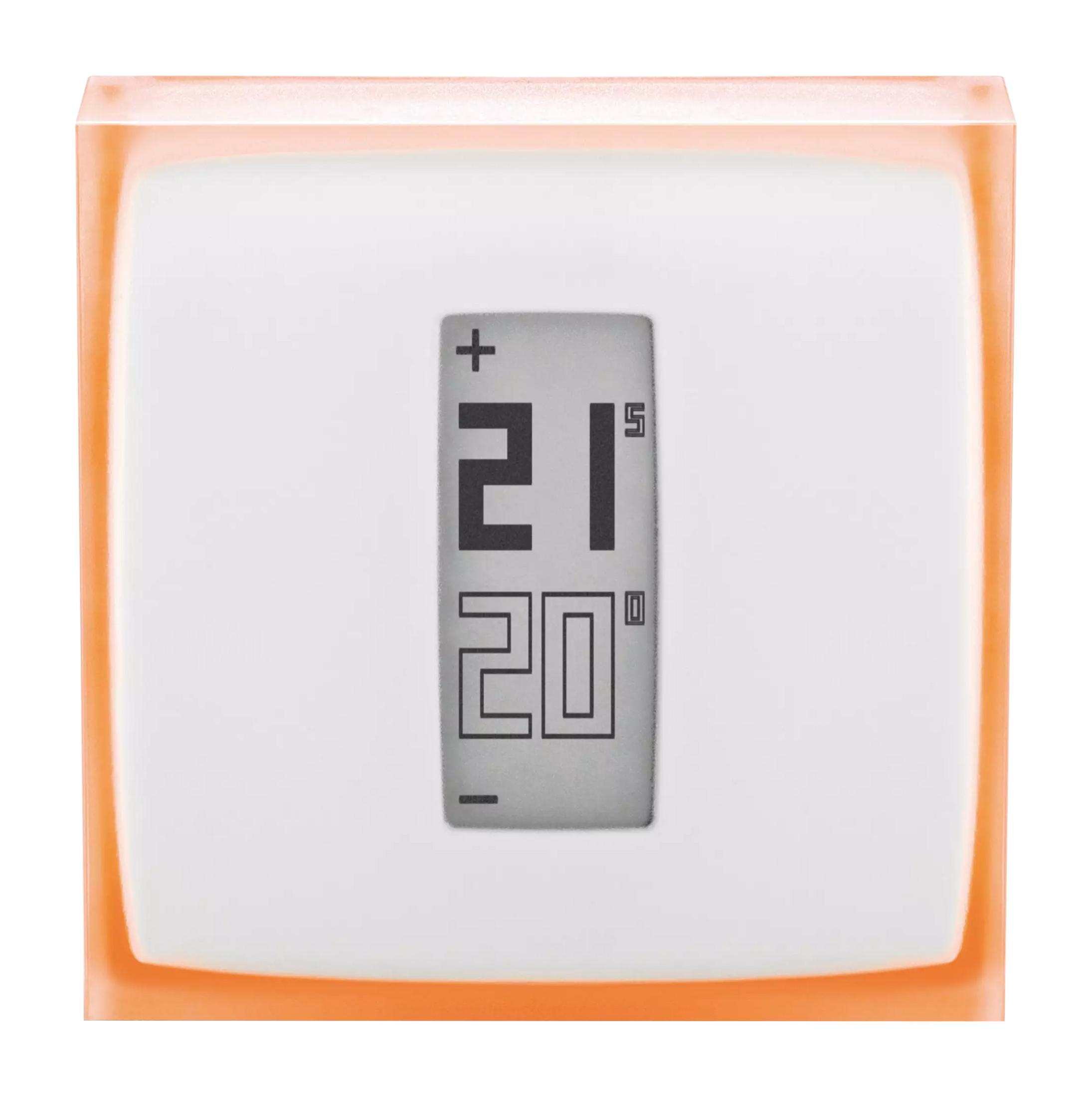 Ein Thermostat mit orangefarbener Umrandung zeigt 21 Grad an.